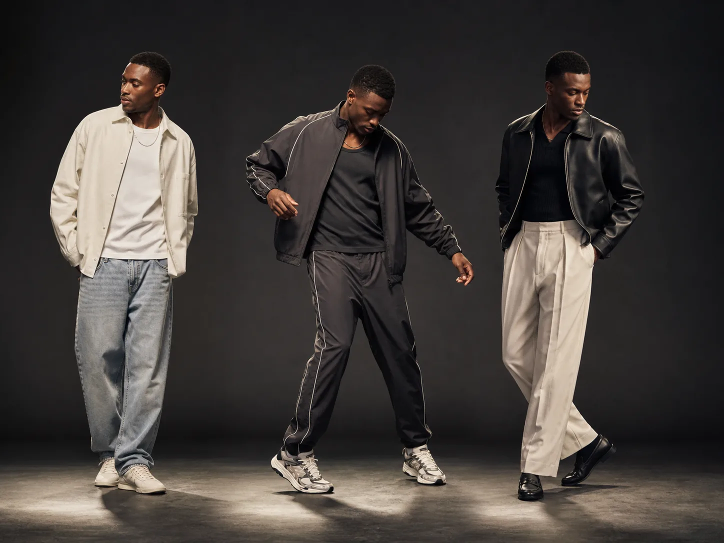 Three anonymous Black men in casual overshirt and denim, dance-ready athletic separates, and polished leather with pleated trousers