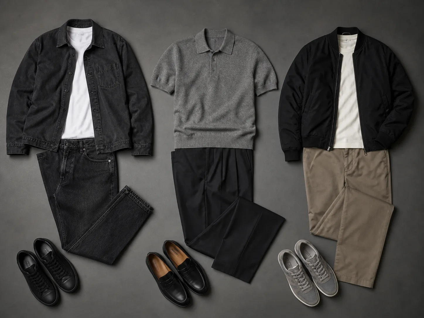 Three flat-lay casual outfits with charcoal overshirt and jeans, gray knit polo and pleated trousers, and black bomber with chinos