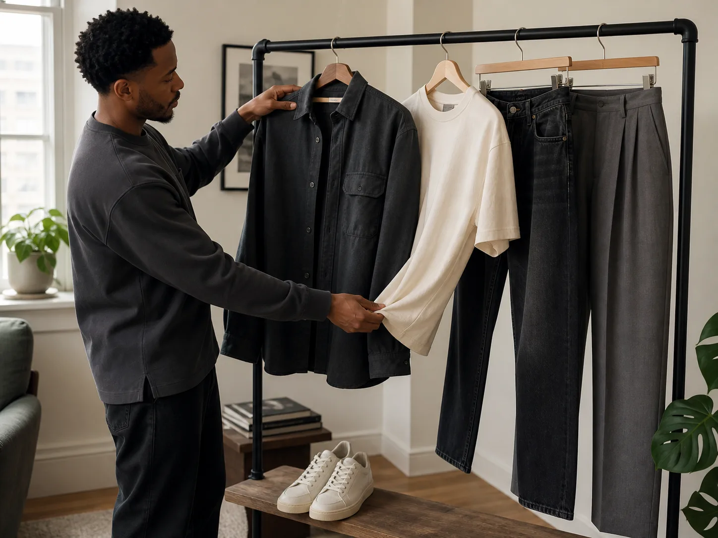 Black man comparing charcoal overshirt, cream heavyweight tee, washed black jeans and gray pleated trousers on a wardrobe rail