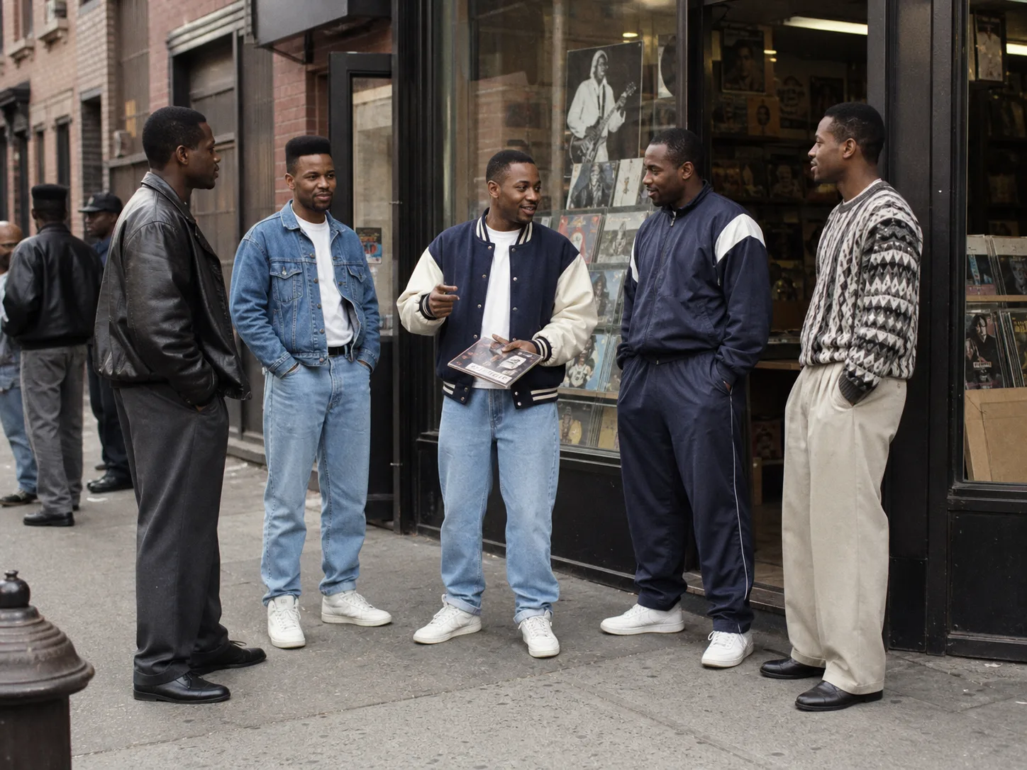 Editorial reconstruction of late twentieth-century Black community style Editorial reconstruction of fictional Black men in leather, denim, varsity jacket, tracksuit and patterned knit outside a record shop