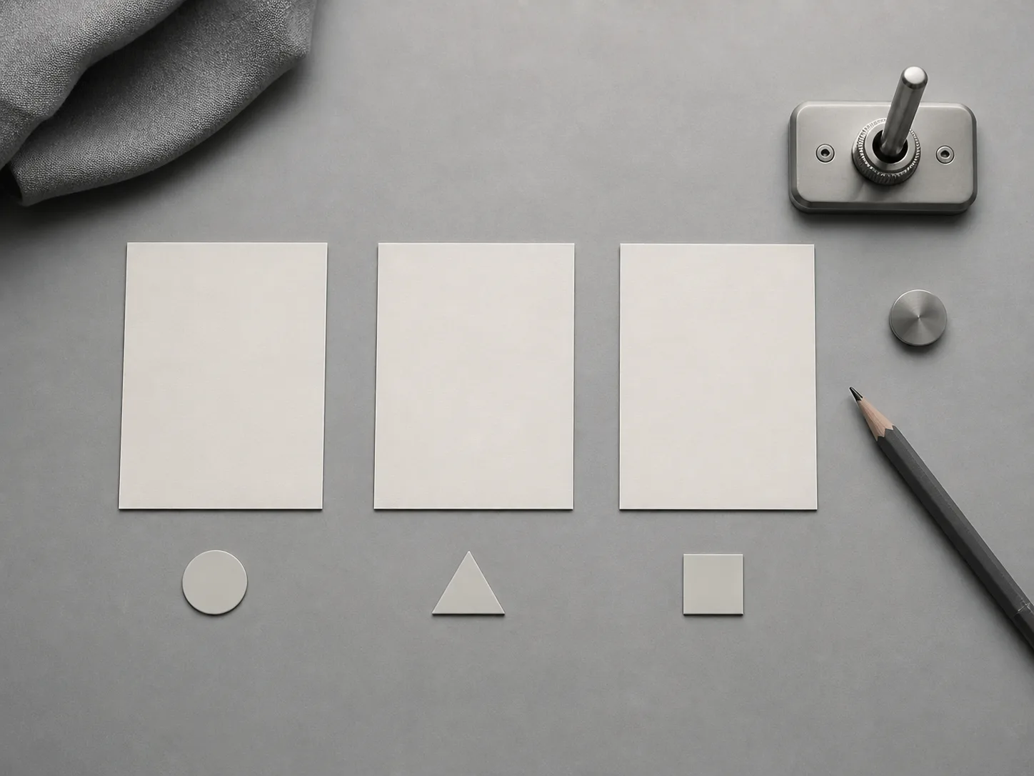 Cookie categories and reader privacy choices Illustrative gray desktop with three blank category cards, metal toggle, geometric markers, pencil and folded fabric