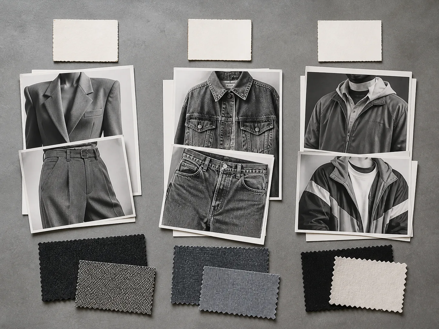 Illustrative overhead archive comparing structured 1980s tailoring, relaxed 1990s denim and early-2000s layered sportswear with fabric swatches