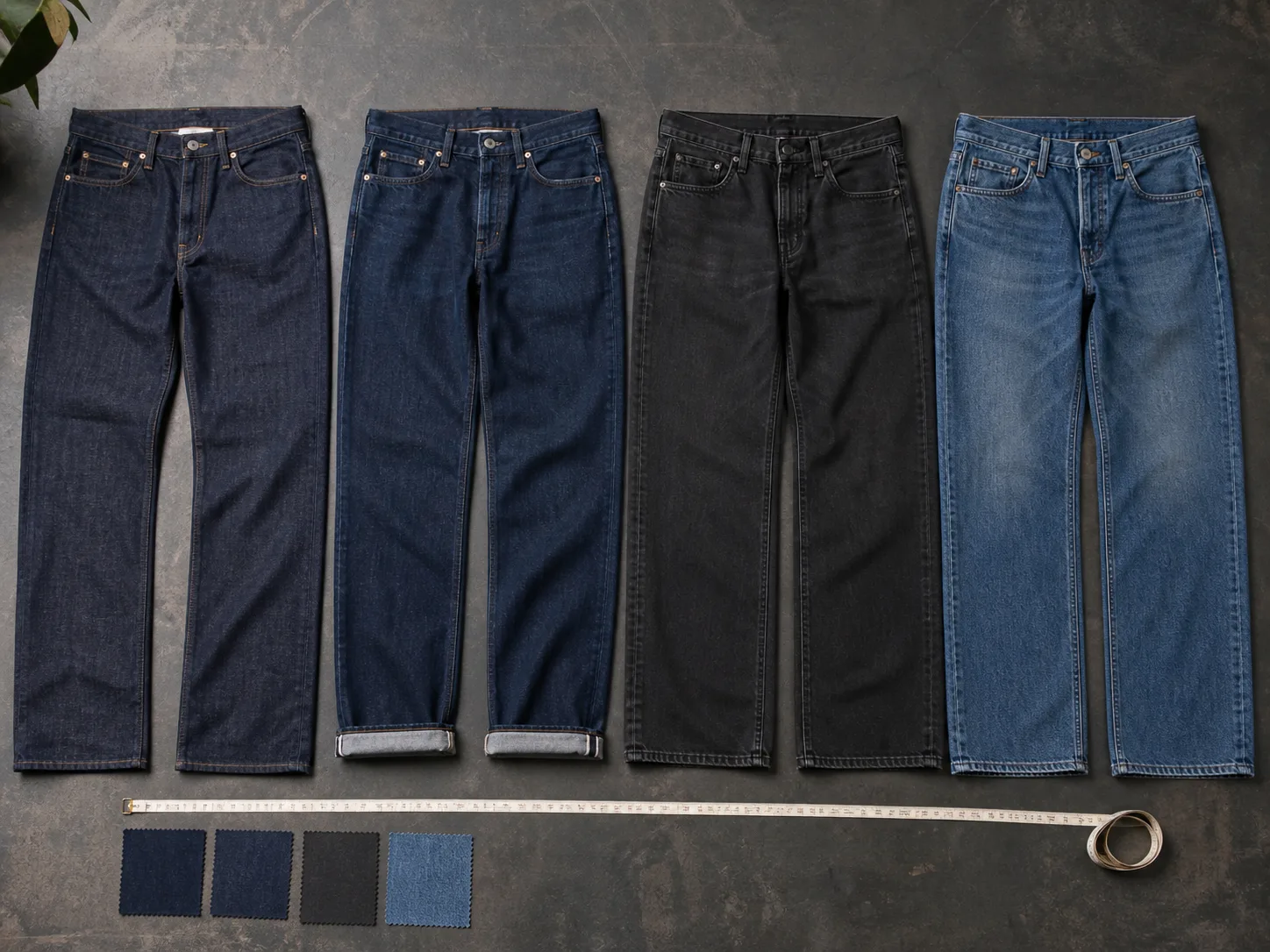 Four jeans in raw indigo straight, rinsed dark tapered, washed black wide and medium-blue relaxed cuts beside measuring tape and swatches