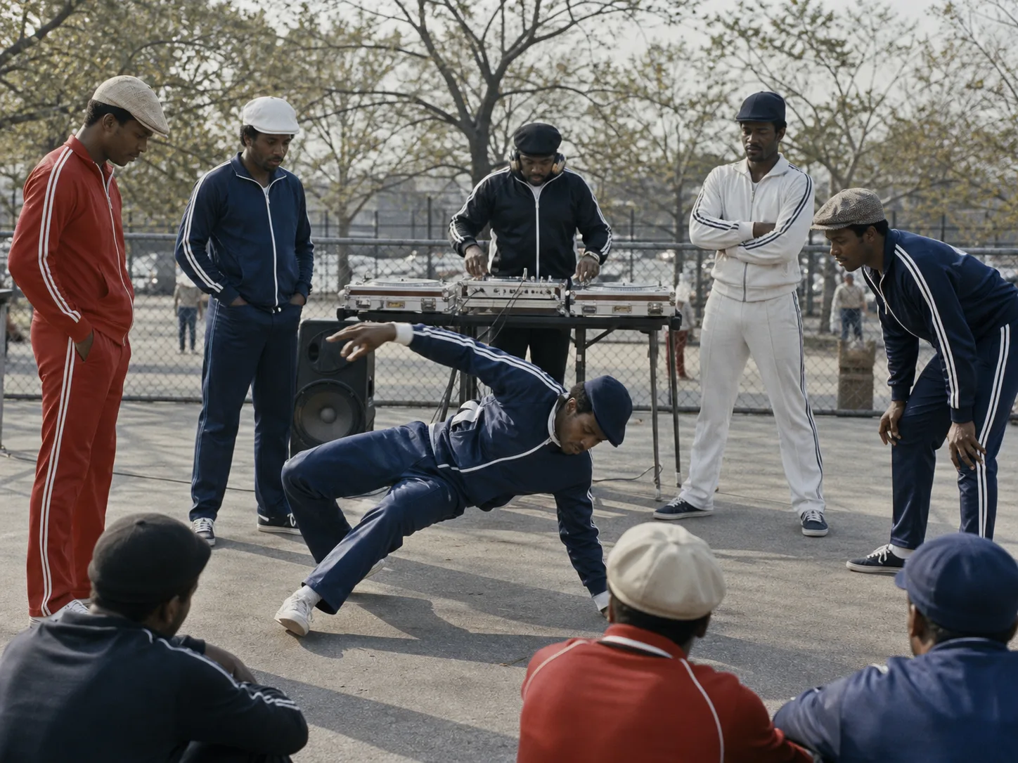 Editorial reconstruction of fictional Black DJ and dancer in red navy and white tracksuits at an early community park jam