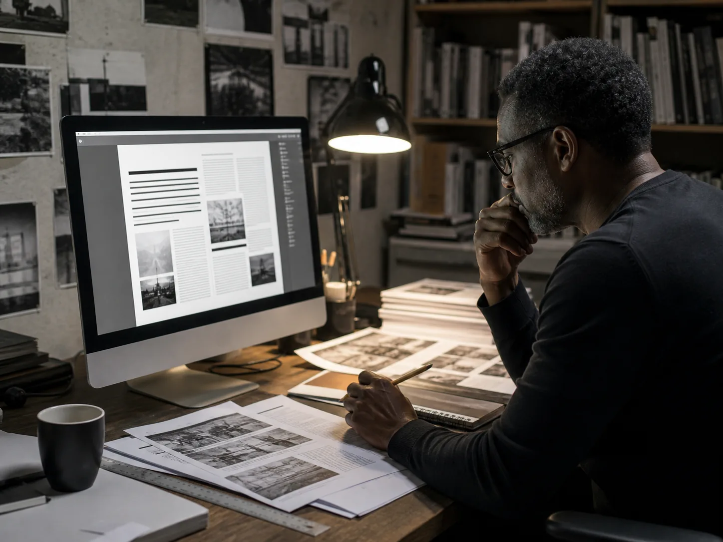 BAAM Boys Editorial shared desk and article review Illustrative Black male editor reviewing a grayscale fashion article layout at a desk