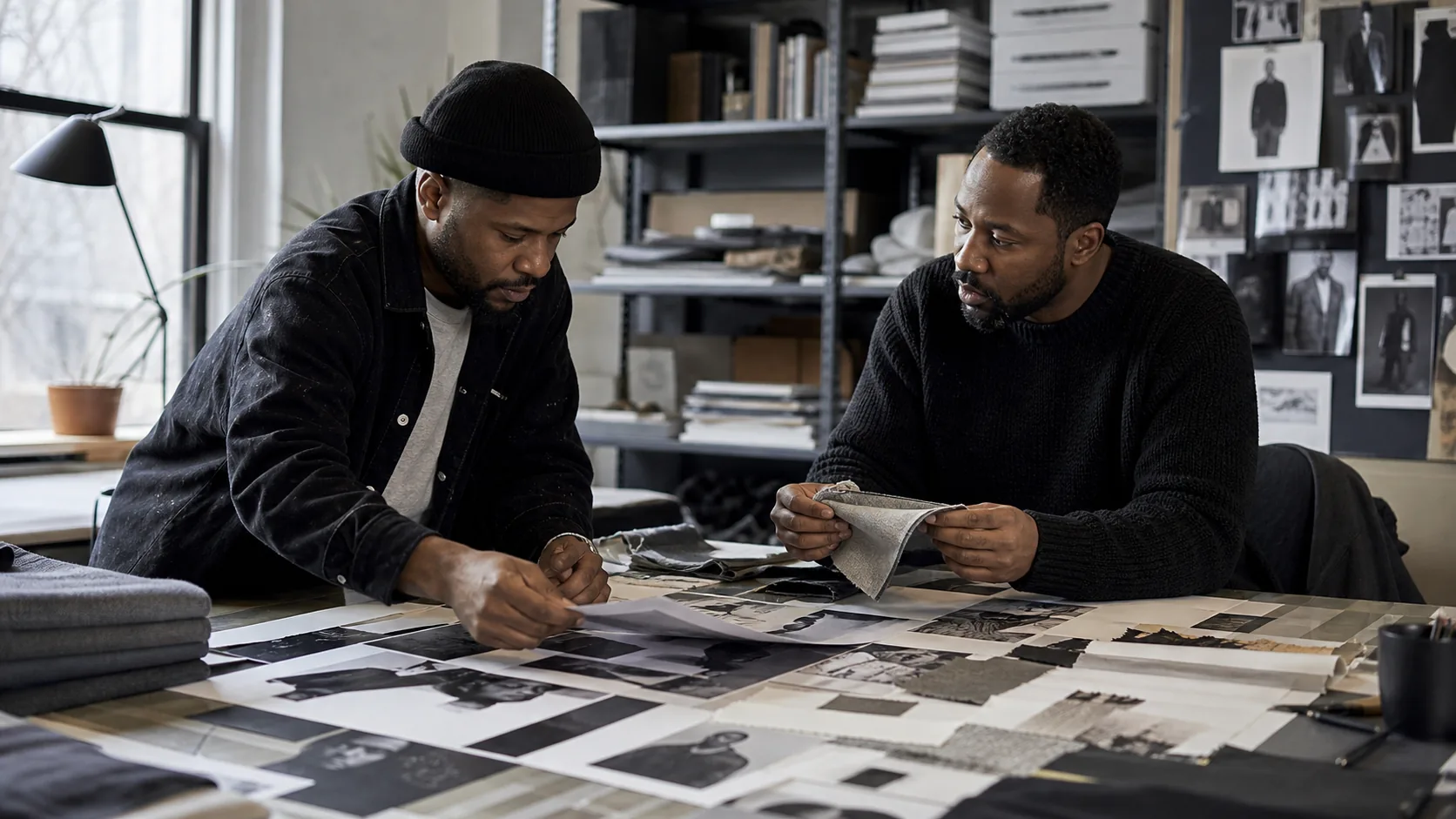 BAAM Boys collaborative editorial research Illustrative fashion editorial workspace with garment photographs, fabric samples and research notes