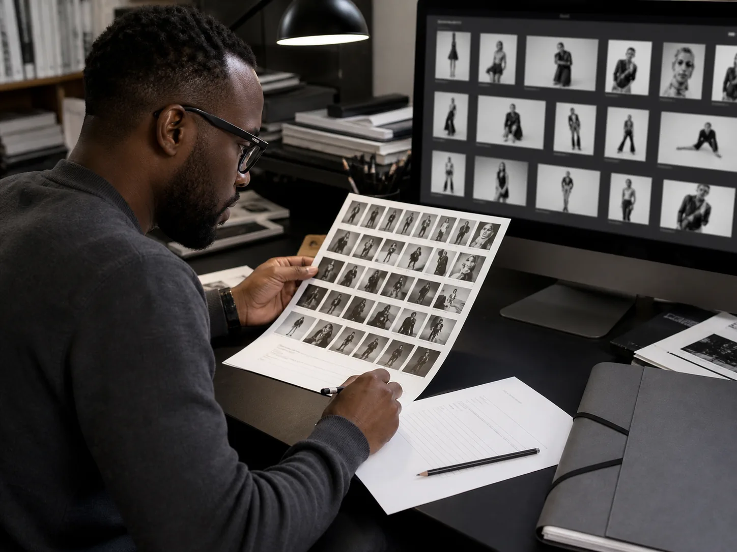 Illustrative Black male photo editor comparing fashion contact sheets with a blank release form and digital image grid