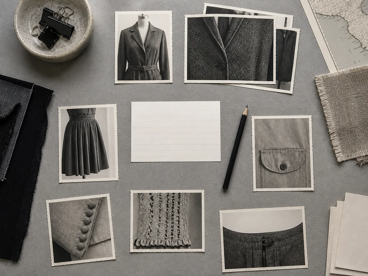 Illustrative overhead research table with unlabeled garment photographs, blank note card, pencil, fabric samples and map fragment