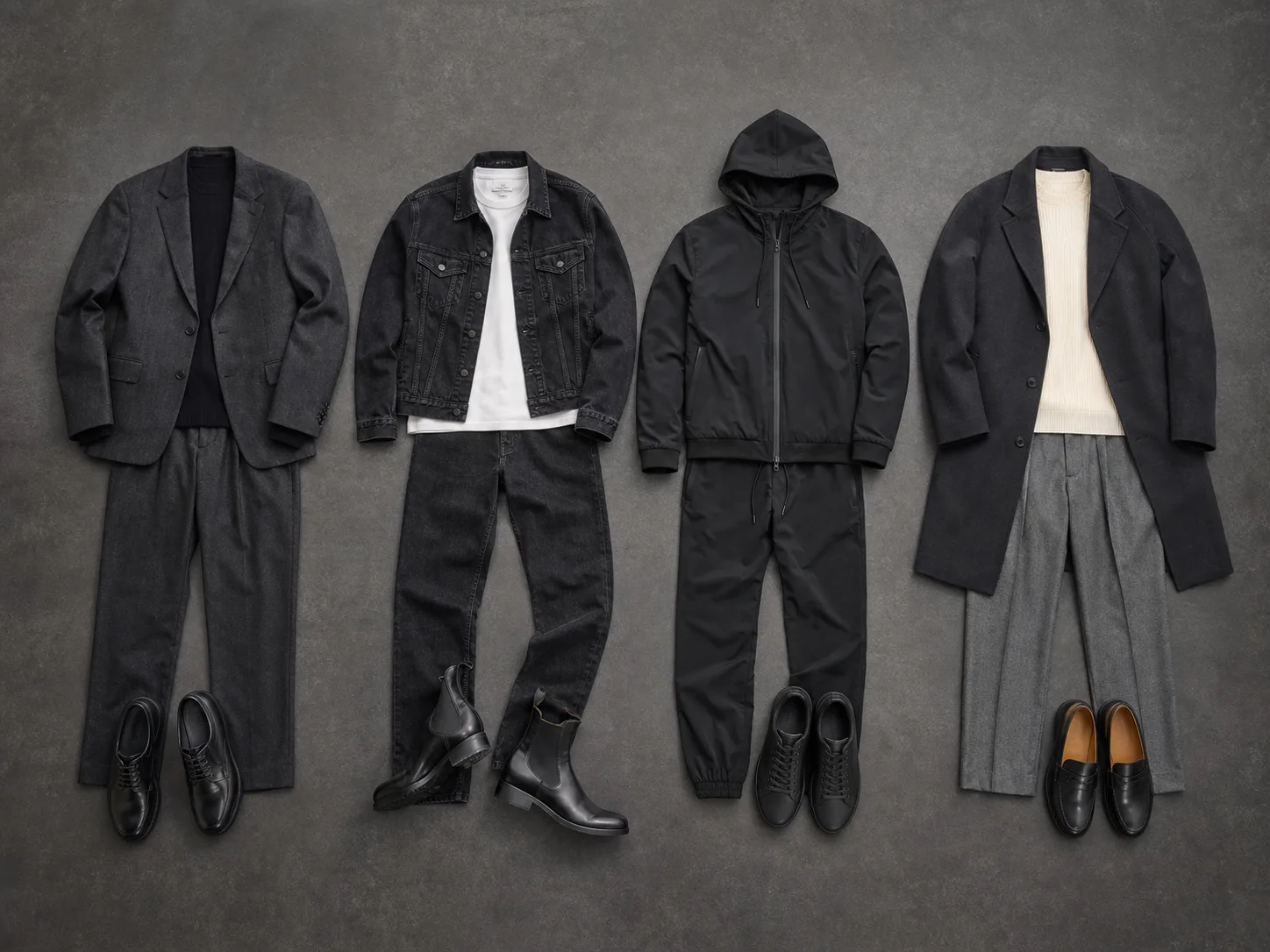 Four Black men's fashion wardrobe formulas Four flat-lay outfits featuring charcoal suit, black denim, monochrome tracksuit and cream knit with gray trousers and overcoat