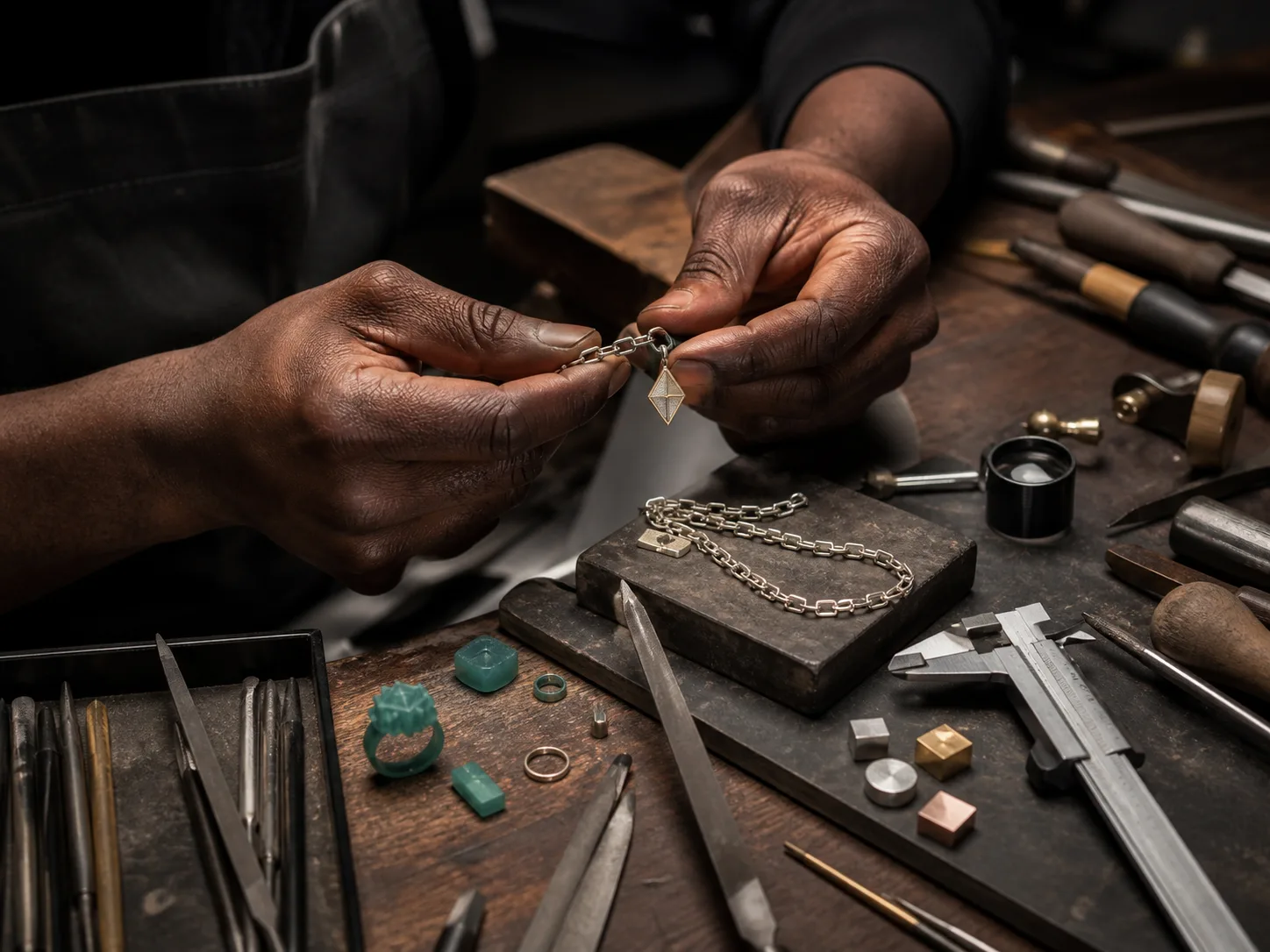 Hip-hop jewelry craft chain links and pendant making Black jeweler's hands examining original rectangular chain links and small geometric pendant beside calipers loupe files and wax models
