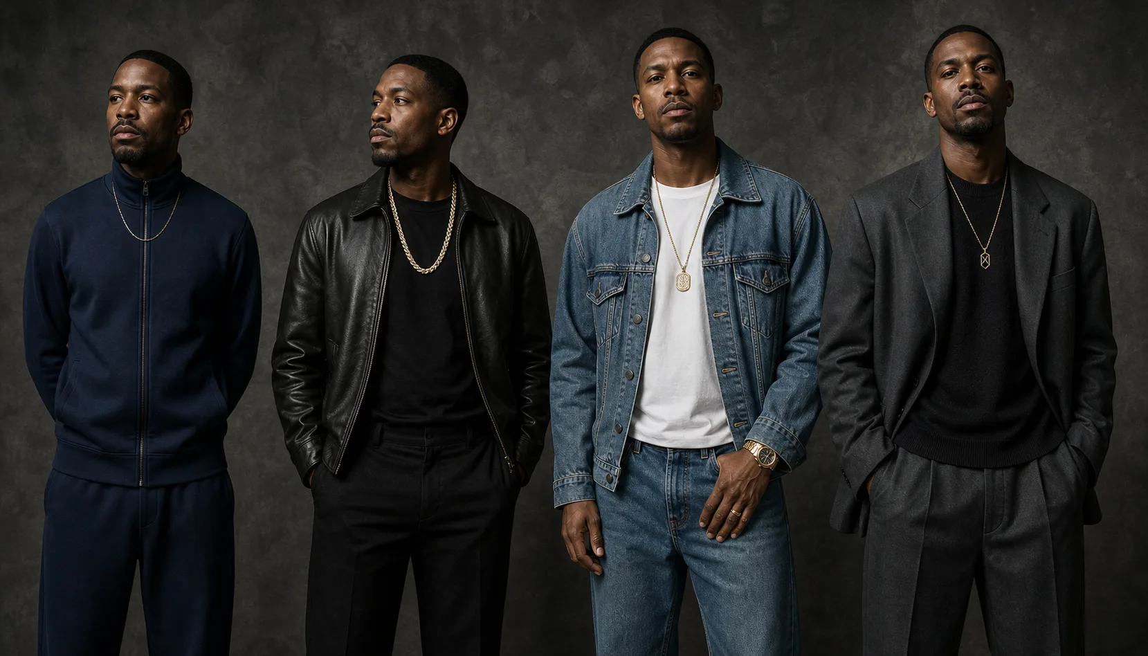 Editorial reconstruction of changing hip-hop jewelry scale Editorial reconstruction of four fictional Black men in plain navy sportswear black leather washed denim and charcoal tailoring wearing slim chain medium chain pendant watch and small geometric pendant