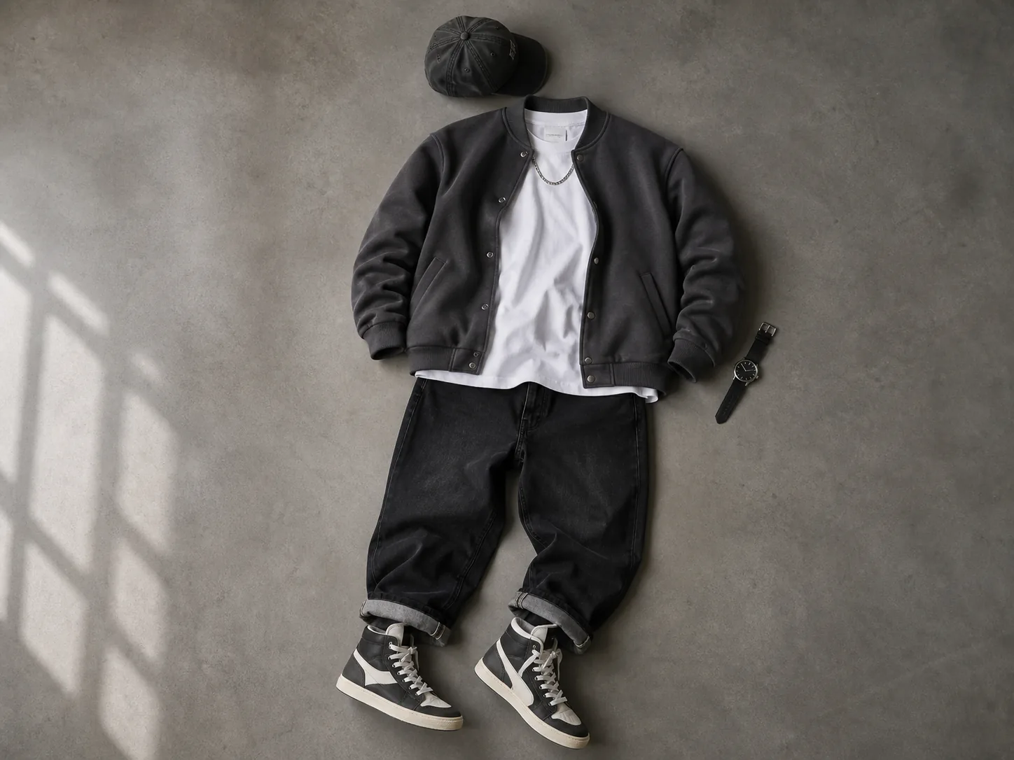 Men's hip-hop-inspired outfit flat lay with a dark varsity jacket, white T-shirt, relaxed black denim, high-top sneakers, cap, chain and watch