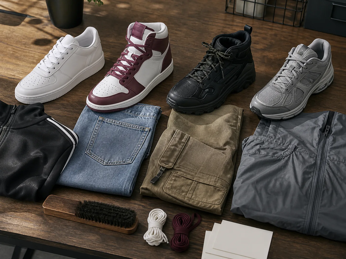 Hip-hop sneaker archetypes matched to clothing Four original unbranded sneaker archetypes paired with black tracksuit, washed denim, canvas workwear and gray technical sportswear on a styling desk