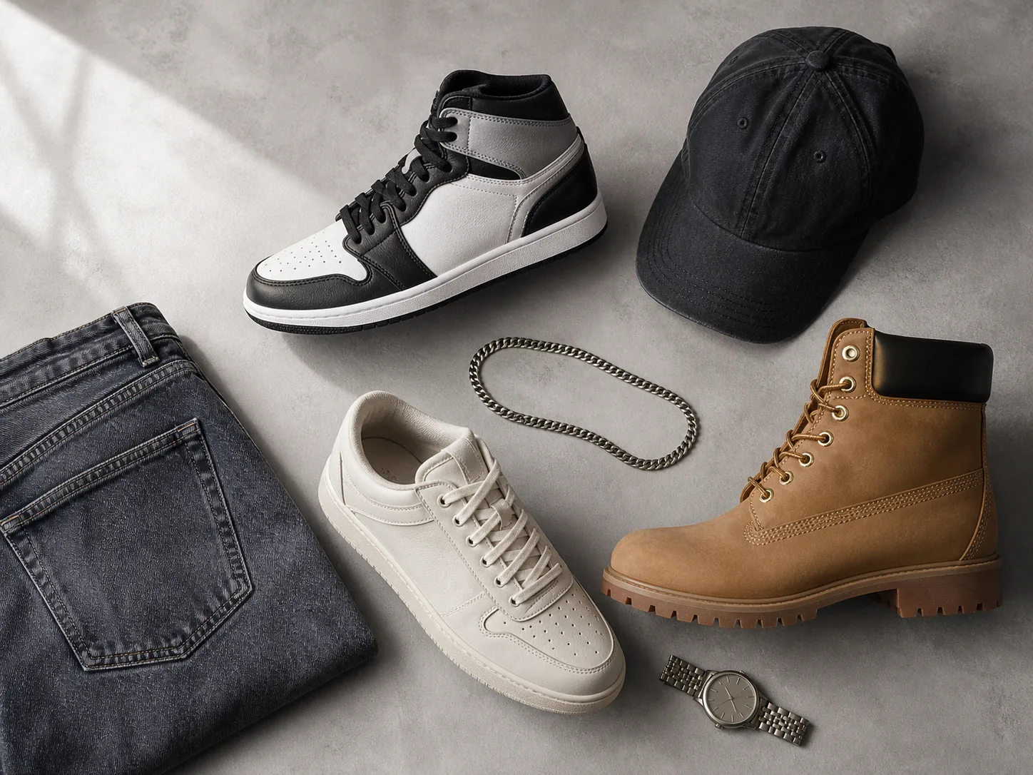 Flat lay of unbranded high-top sneakers, low-top shoes, a wheat work boot, cap, chain, watch and folded denim
