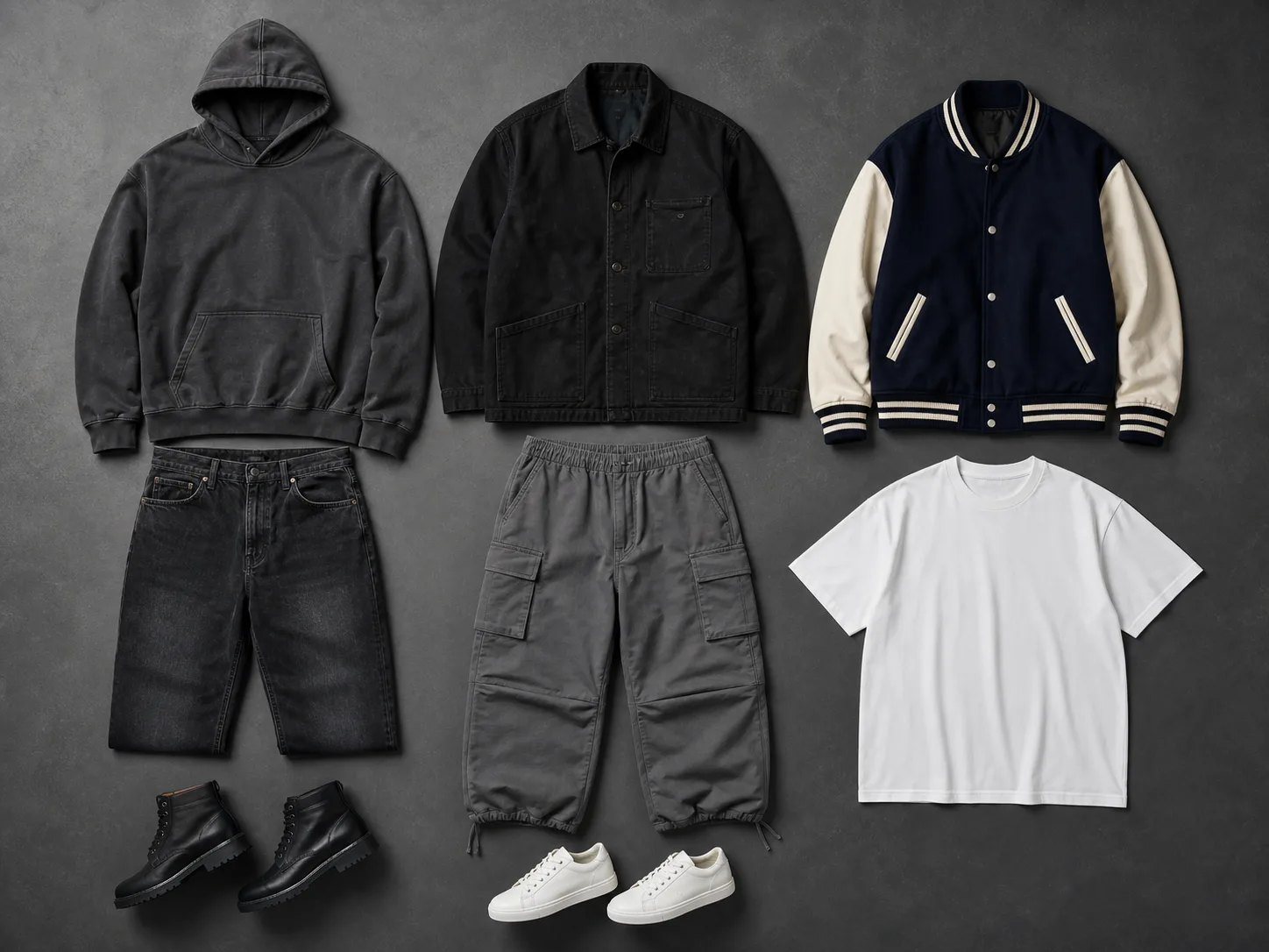 Modular hip-hop streetwear capsule wardrobe Charcoal hoodie, black canvas work jacket, washed jeans, gray cargo trousers, navy varsity-inspired jacket, white tee, black boots and white sneakers arranged as streetwear capsule