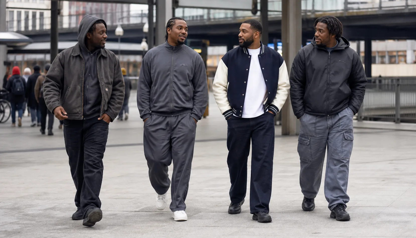 Wearable contemporary hip-hop streetwear outfits Four Black men walking in urban transit plaza wearing charcoal hoodie and work jacket, gray tracksuit, navy varsity-inspired jacket and gray technical cargo outfit
