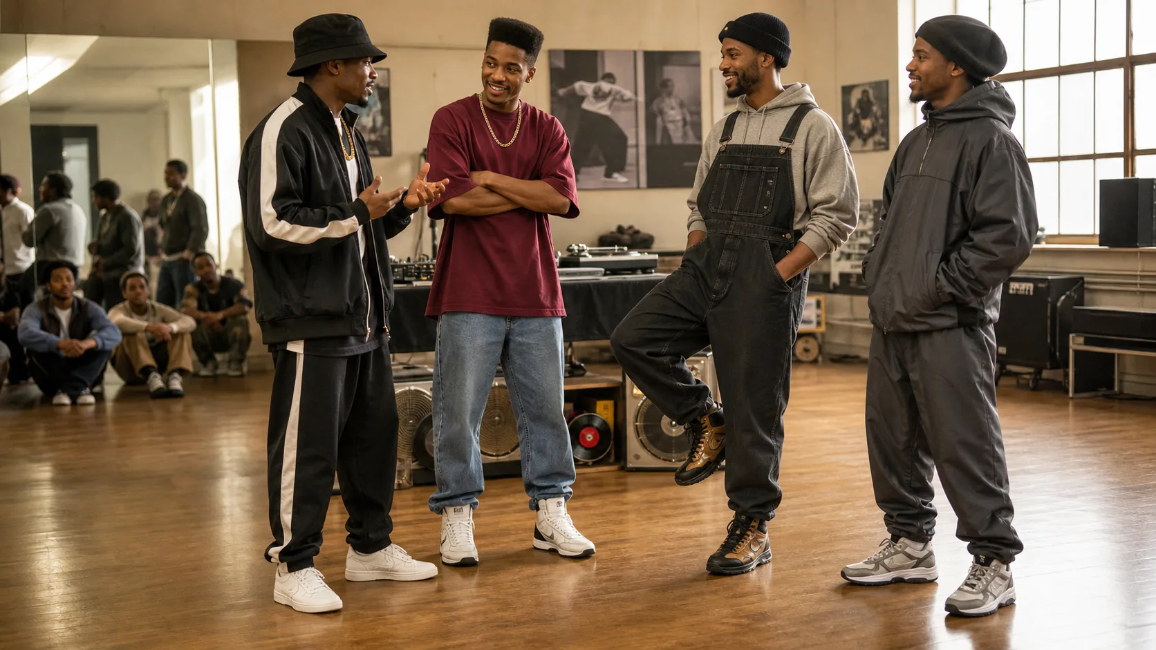 Four footwear roles in hip-hop sneaker culture Four Black men wearing unbranded low-top, court high-top, rugged and technical sneakers with tracksuit, denim, workwear and sportswear in a dance studio