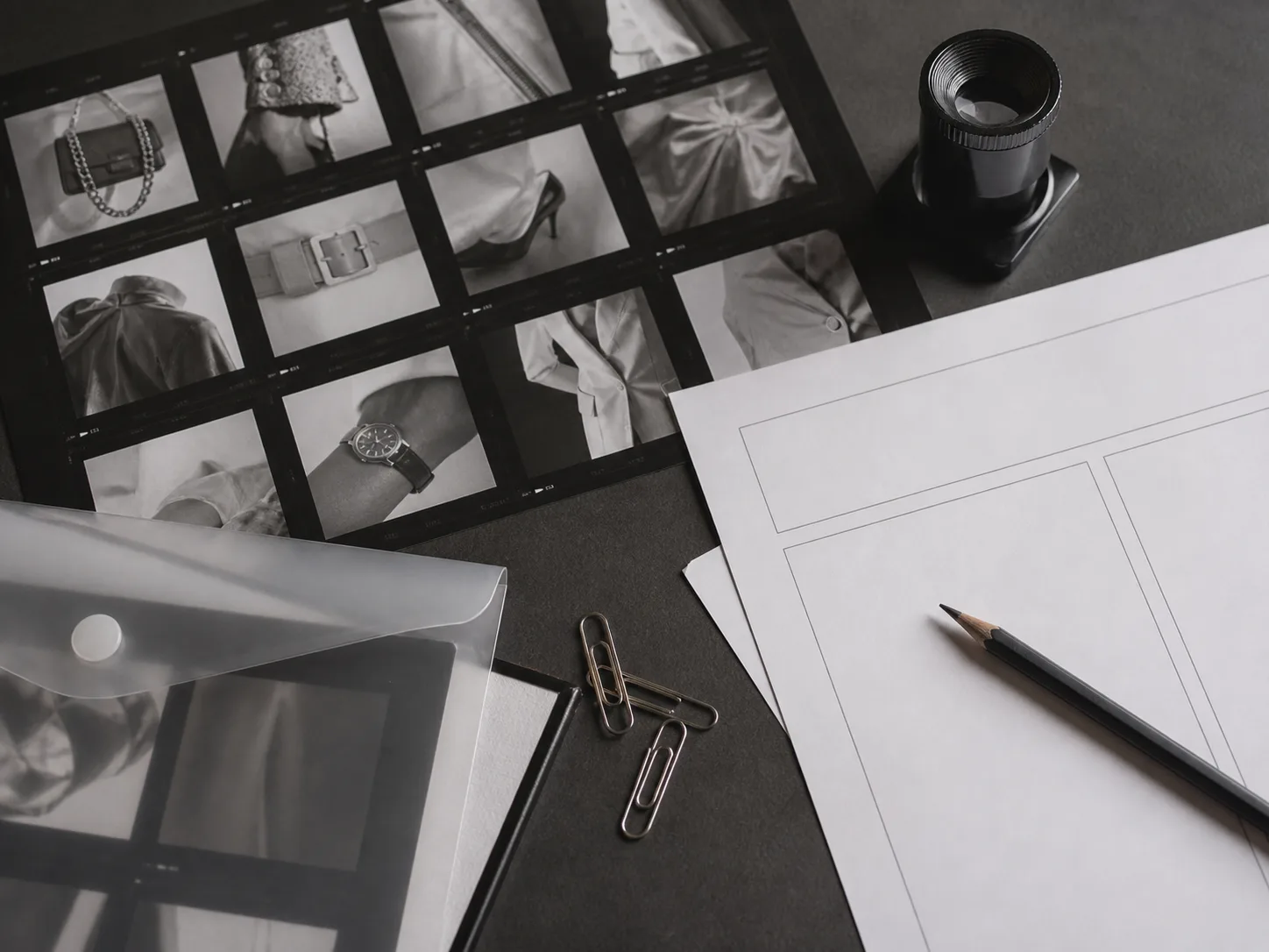 Illustrative image-rights review desk with generic fashion contact sheets, blank forms, photographic loupe, pencils and archival sleeve
