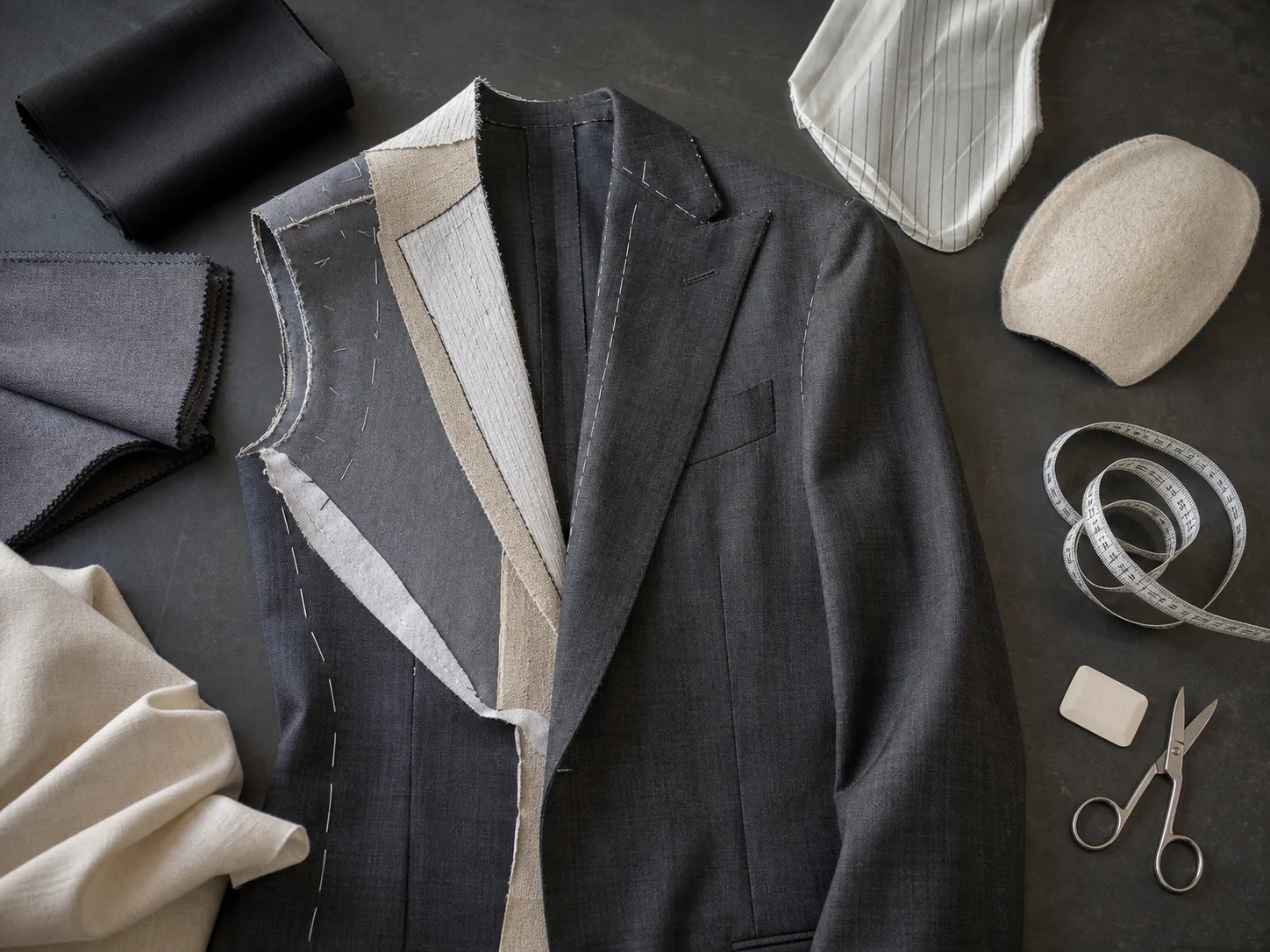 Unfinished charcoal tailored jacket displaying canvas lining shoulder pad wool swatches measuring tape chalk and scissors