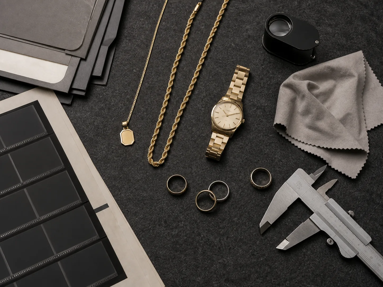 Hip-hop jewelry evidence research and care desk Slim chain rope-like chain geometric pendant plain watch and rings beside blank contact sheets loupe cloth calipers and gray folders