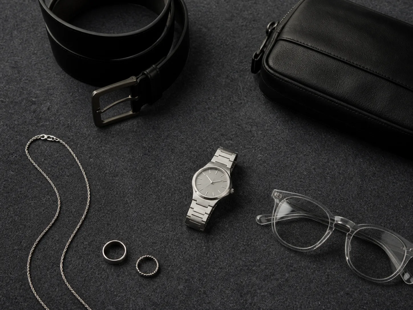 Minimal silver watch, clear glasses, two rings, slim chain, black leather belt and compact bag arranged on charcoal felt