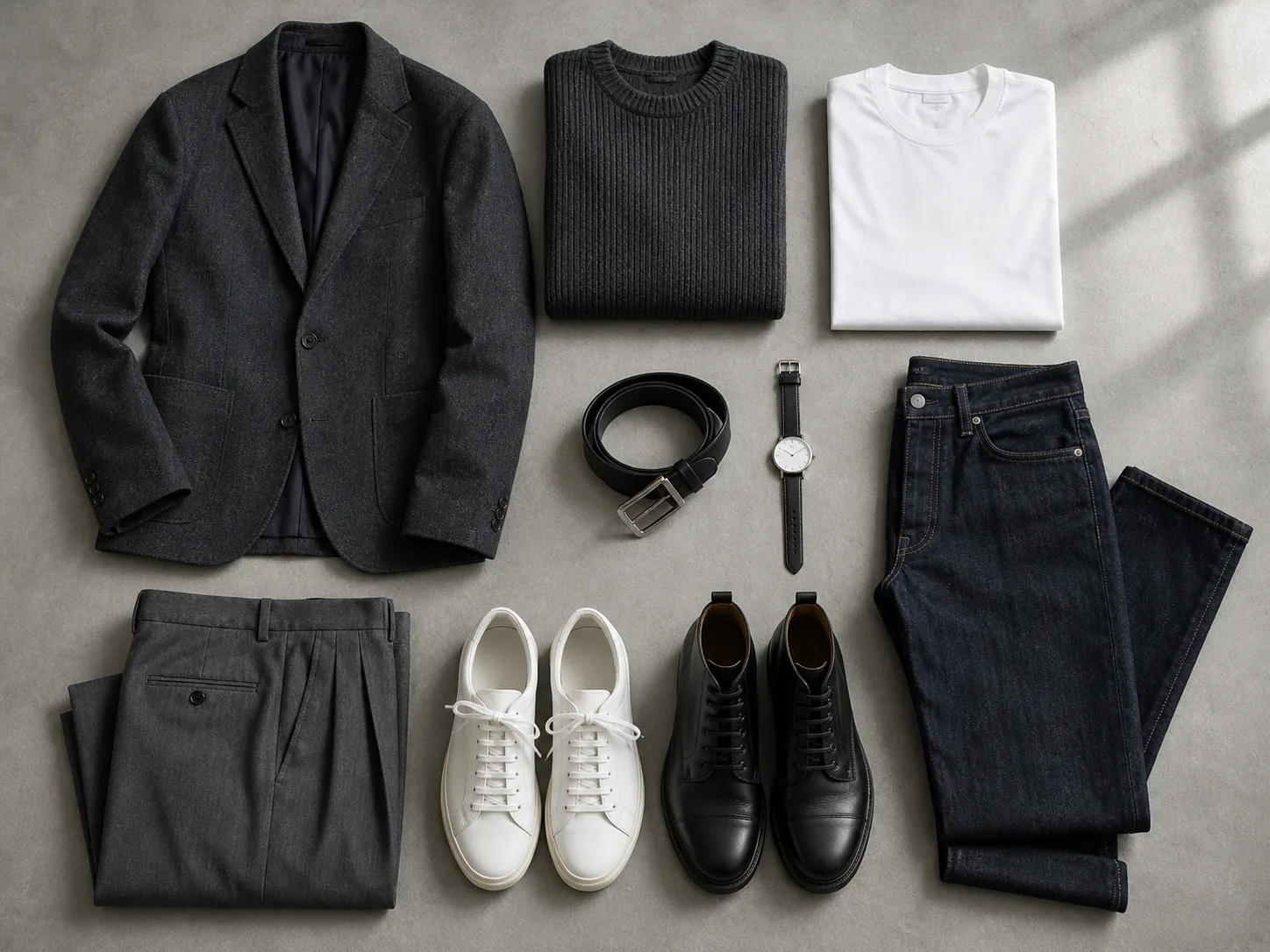 Men's capsule wardrobe with a charcoal blazer, knit, white T-shirt, pleated trousers, dark denim, belt, watch, low-top sneakers and black boots