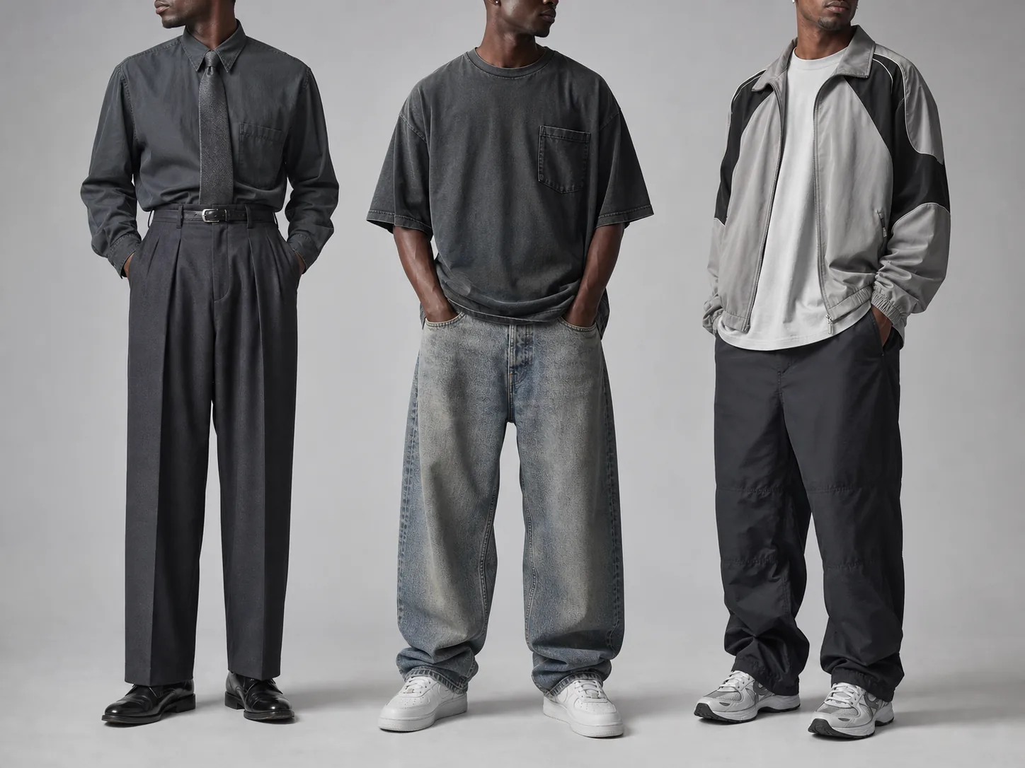 Three Black male models comparing pleated tailoring, baggy denim and relaxed sportswear silhouettes