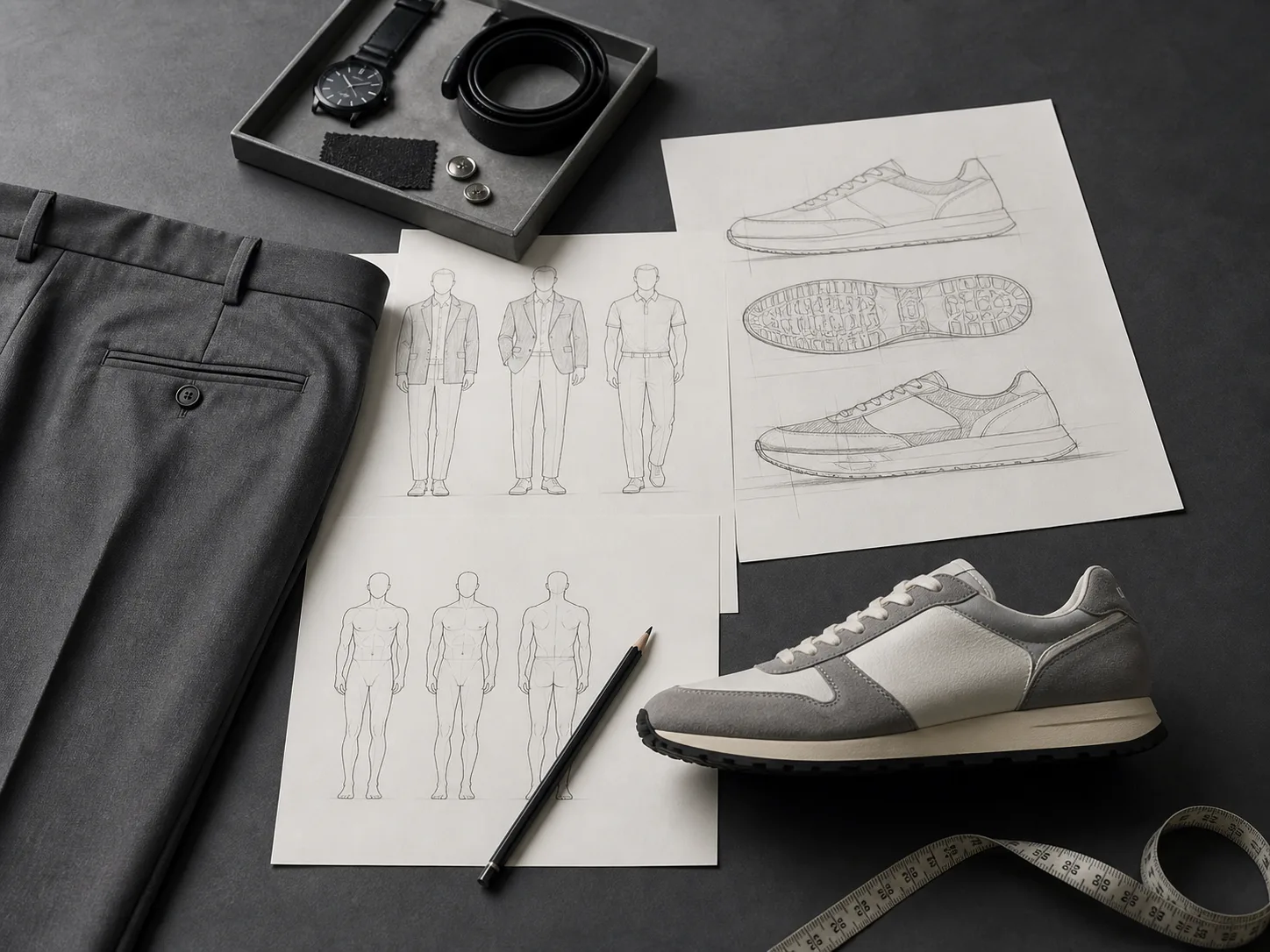 Illustrative menswear planning desk with trouser fabric, anonymous silhouette sketches, unbranded retro sneaker, accessories and measuring tape