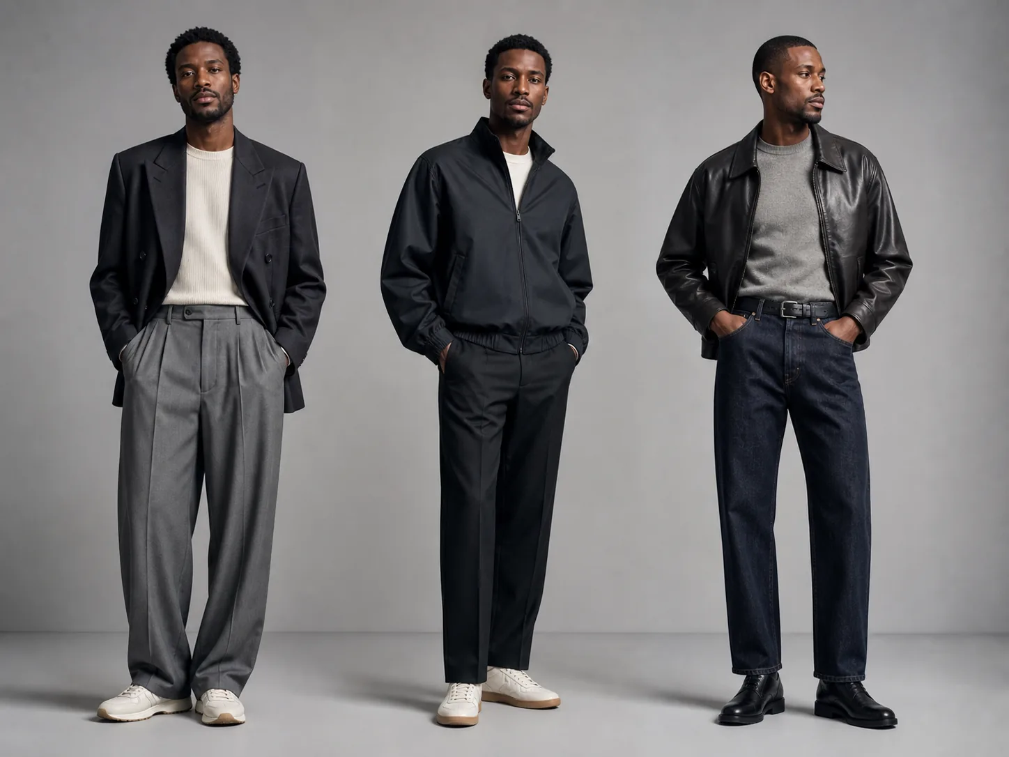 Three modern Black men's outfits inspired by 1980s tailoring, track jackets and cropped leather with high-waisted denim