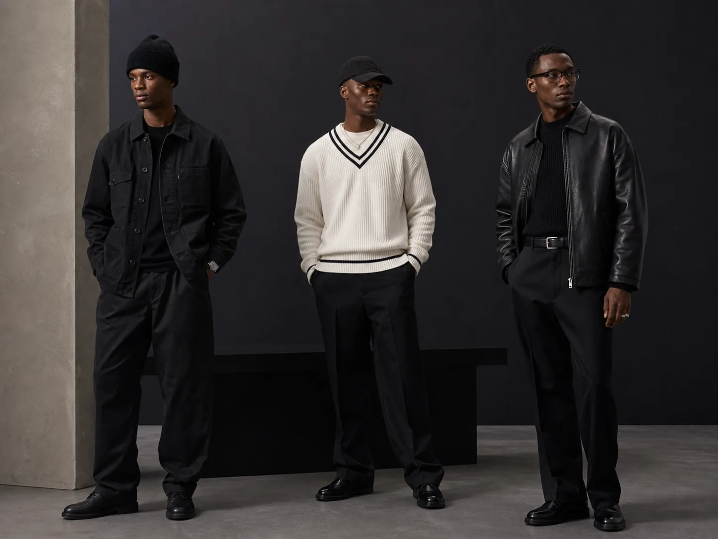 Modern outfits with restrained 90s hip-hop-inspired accessories Three anonymous Black men wearing restrained modern accessory systems with knit cap and watch, plain cap and chain, and glasses with ring and belt