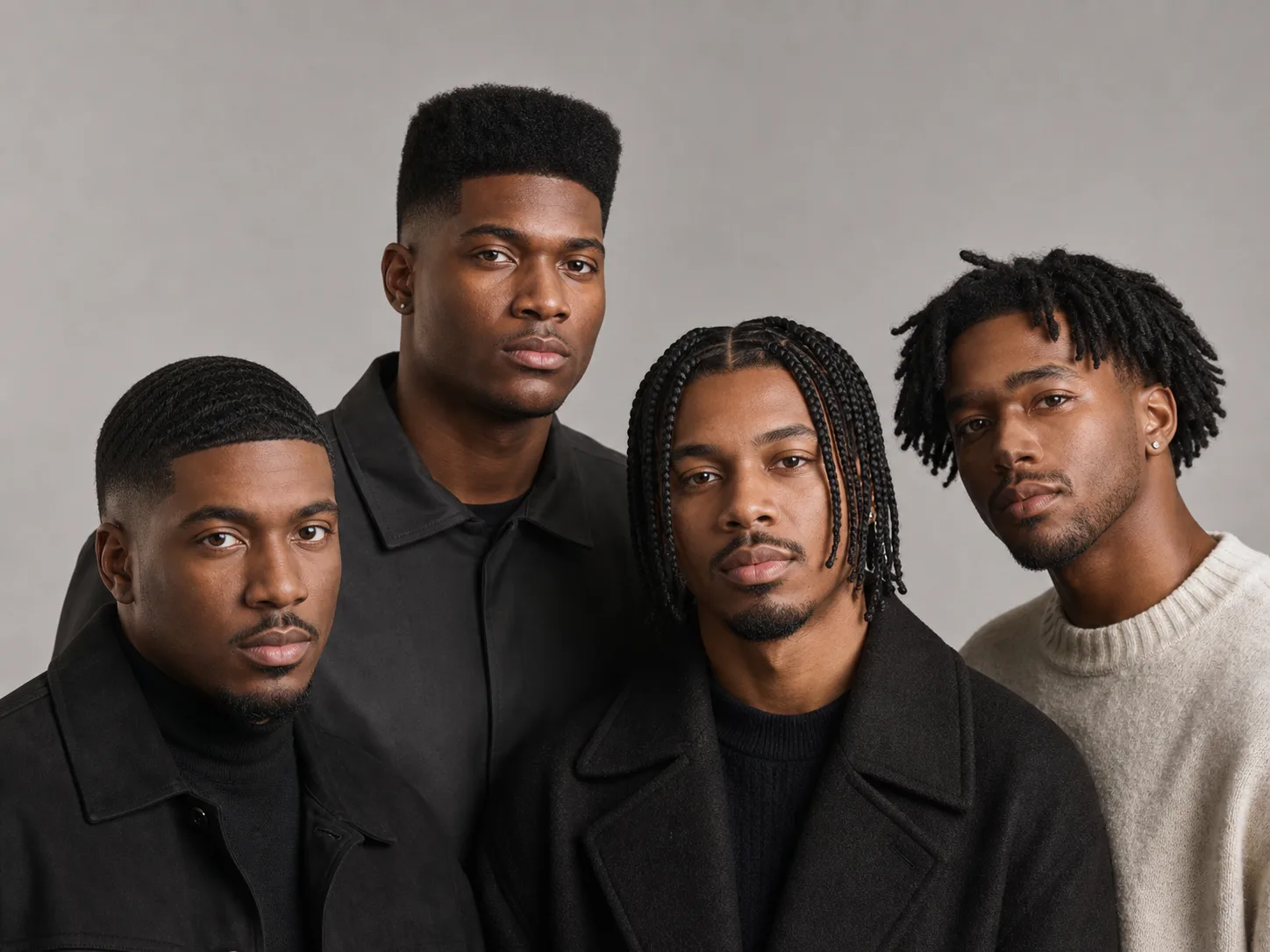 Modern versions of 1990s Black men's hairstyles Four anonymous Black men with modern low taper waves, softened high top, medium box braids and short maintained locs