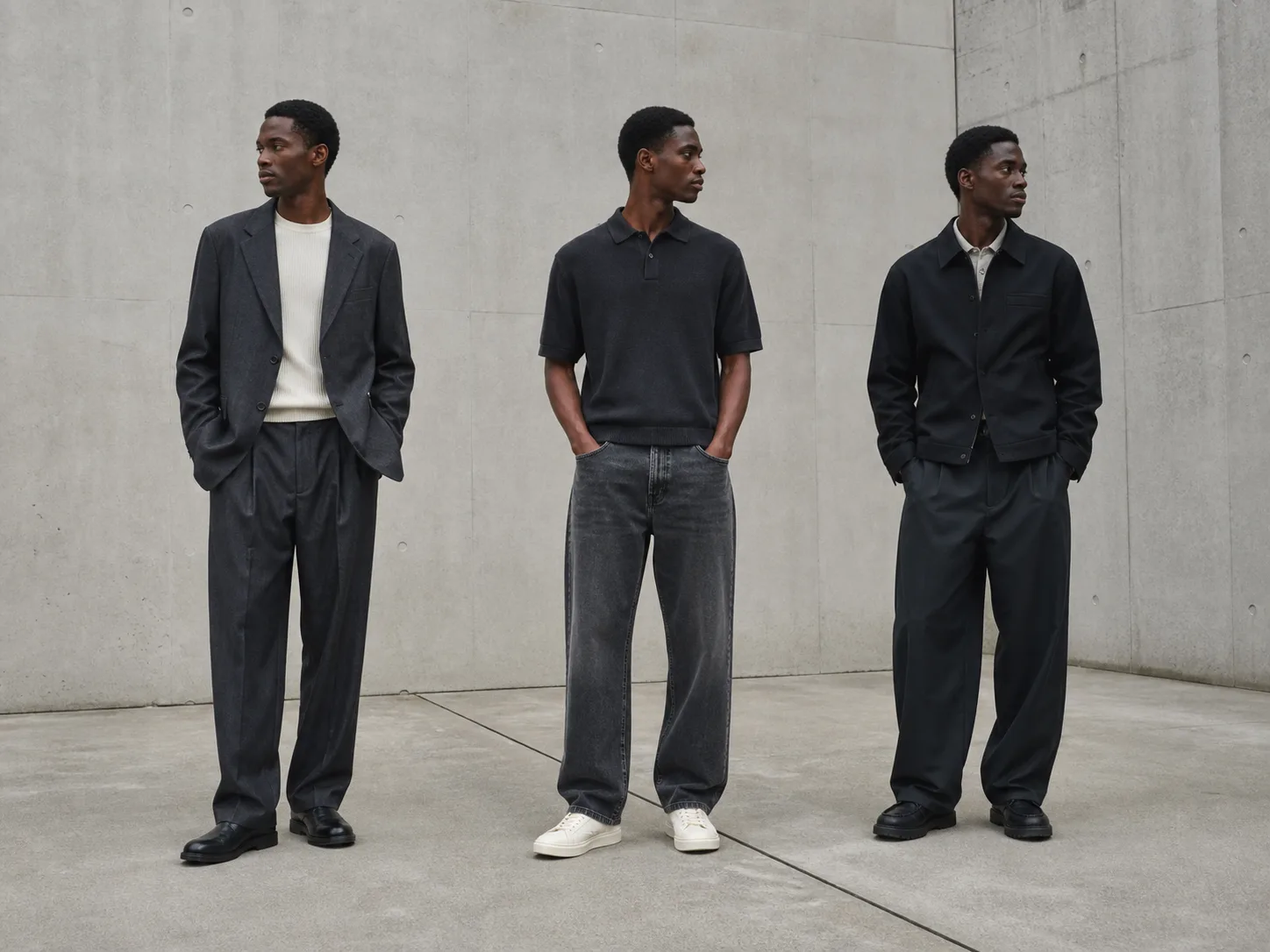Modern 90s-inspired Black men's outfits Three anonymous Black men wearing modern outfits with relaxed blazer and pleated trousers, polo with straight loose denim, and compact work jacket with wide dark trousers