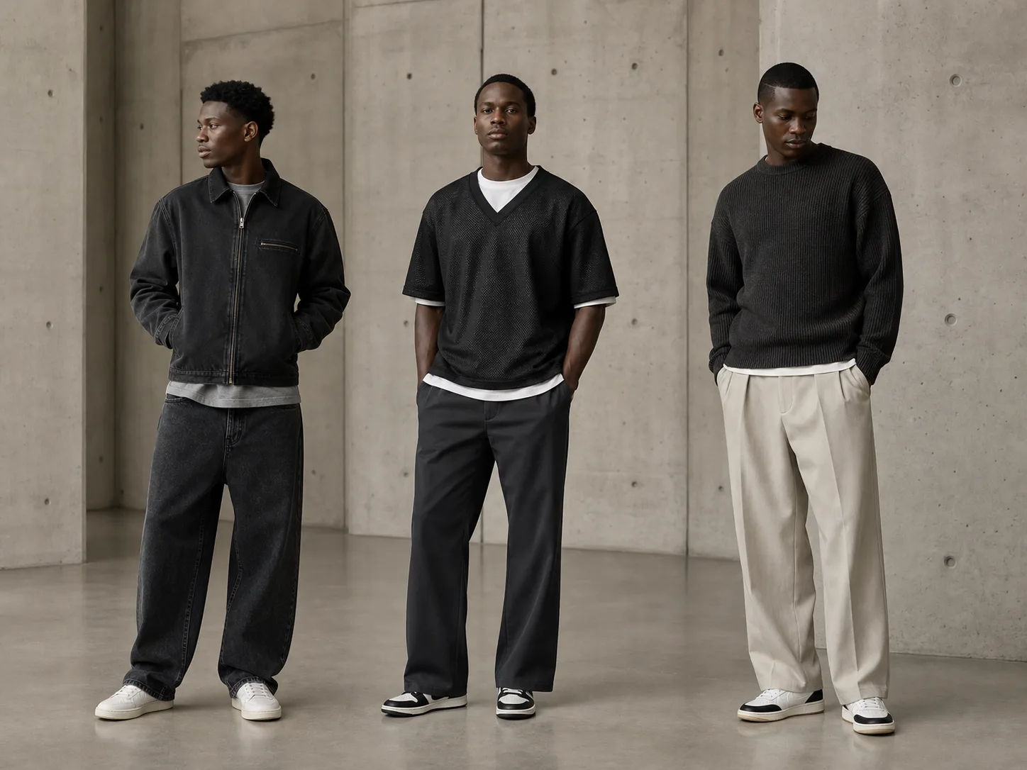 Modern ways to wear 90s hip-hop-inspired fashion Three anonymous Black men wearing modern 90s-inspired outfits with relaxed denim and work jacket, jersey and straight trousers, and knit with wide pleated trousers