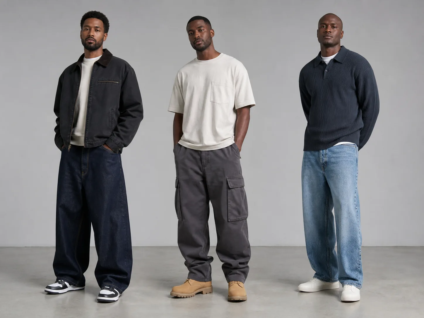 Three contemporary Black men wearing 1990s-inspired wide denim with work jacket, relaxed cargos with boots and loose jeans with polo knit