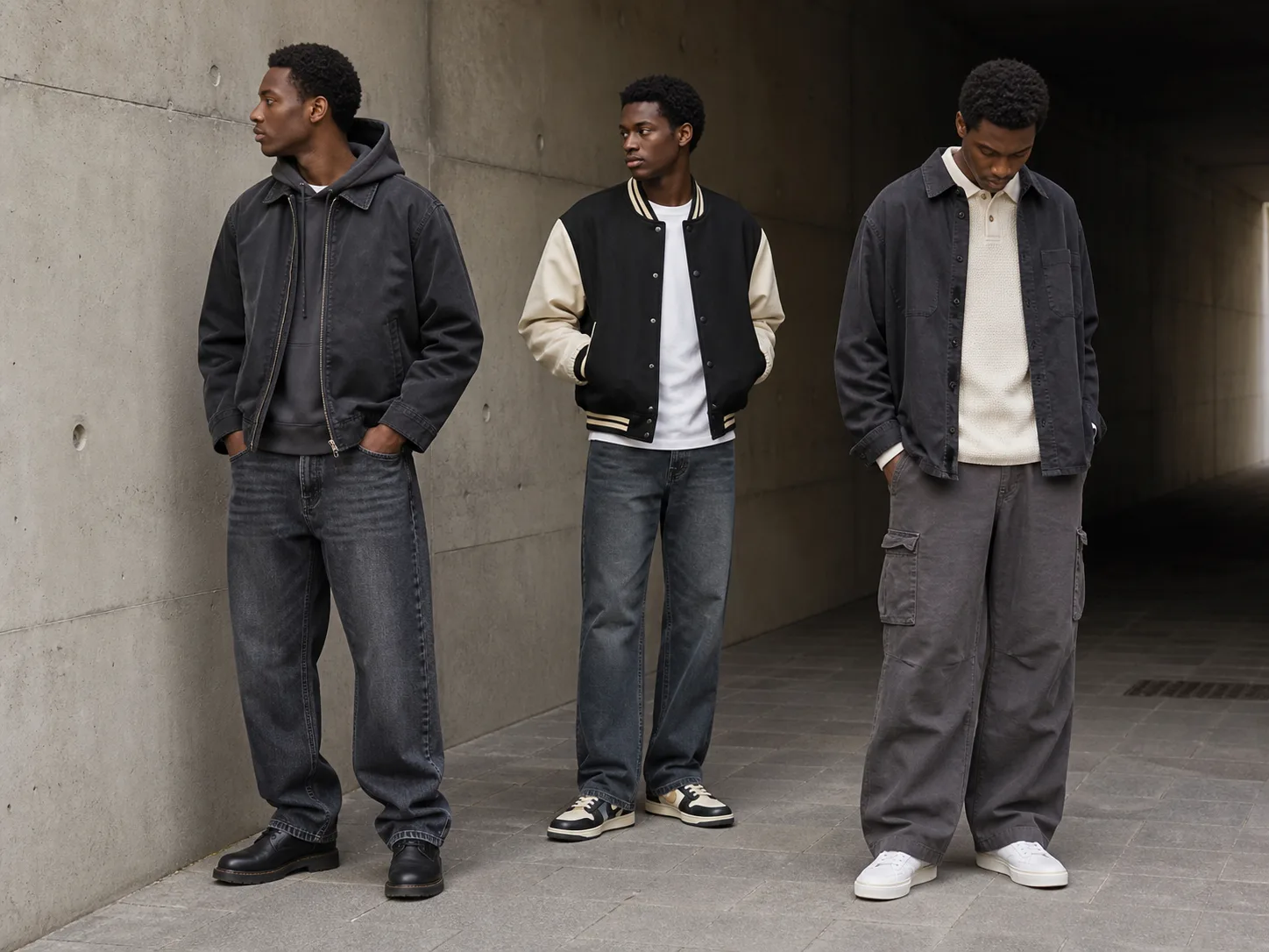 Modern 1990s-inspired streetwear outfits for men Three anonymous Black men wearing modern 90s-inspired streetwear with work jacket and hoodie, varsity jacket and relaxed denim, and overshirt with wide cargos