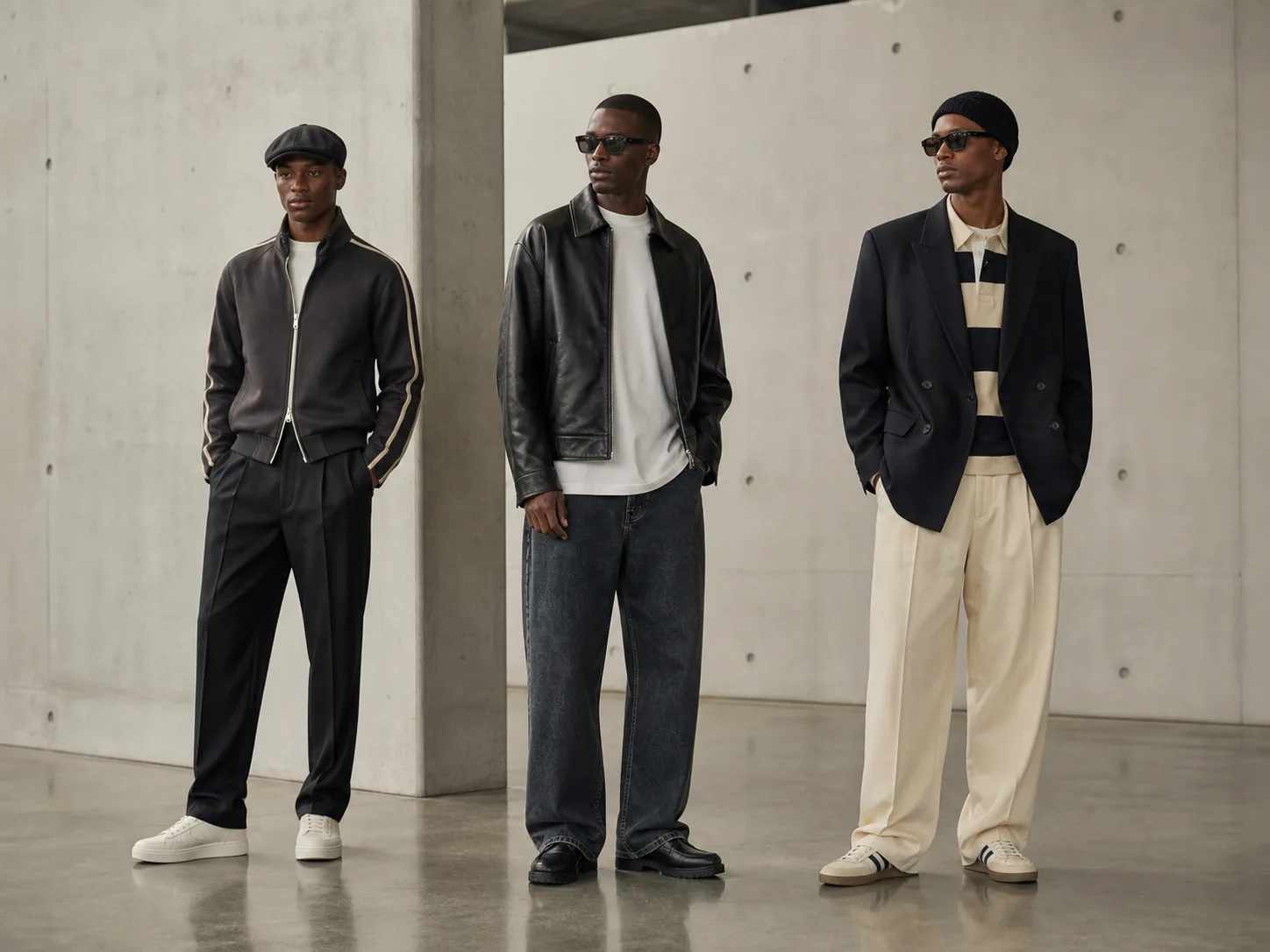 Modern outfits combining 1980s and 1990s hip-hop fashion principles Three anonymous Black men wearing modern cross-decade outfits with track jacket and trousers, leather jacket and loose denim, and blazer over rugby knit with wide trousers