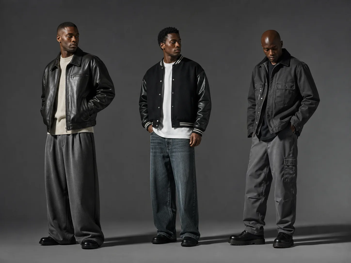 Three anonymous Black men wearing modern outfits with leather and wide trousers, varsity jacket and loose denim, and tonal workwear with cargo trousers