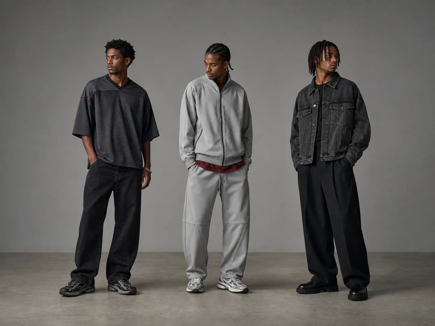 Three modern Black men wearing edited Y2K-inspired jersey and denim, tonal gray tracksuit and oversized black denim with wide trousers