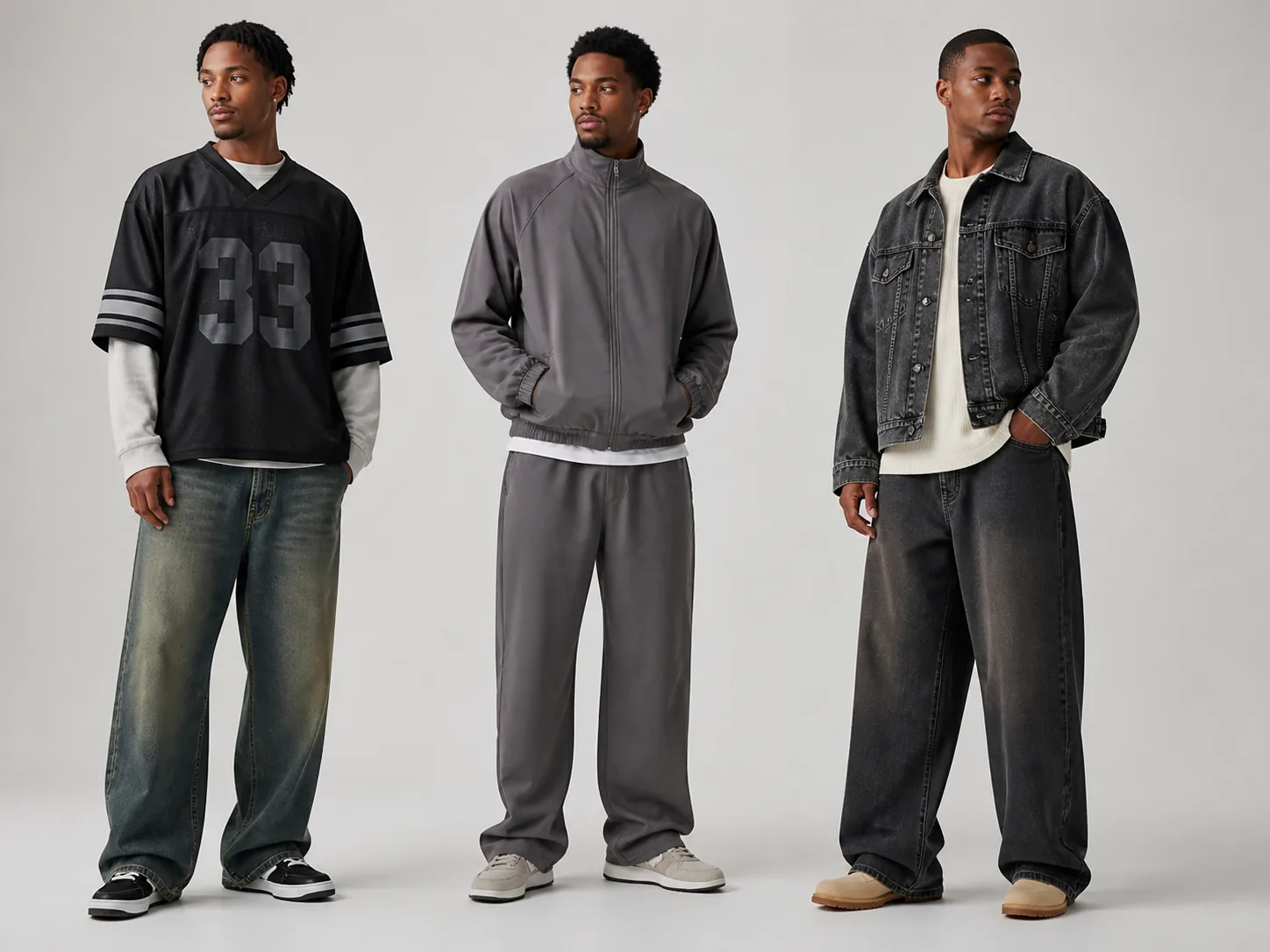Three modern Black men's Y2K outfits with roomy sports jersey, tonal tracksuit and oversized denim jacket with wide trousers