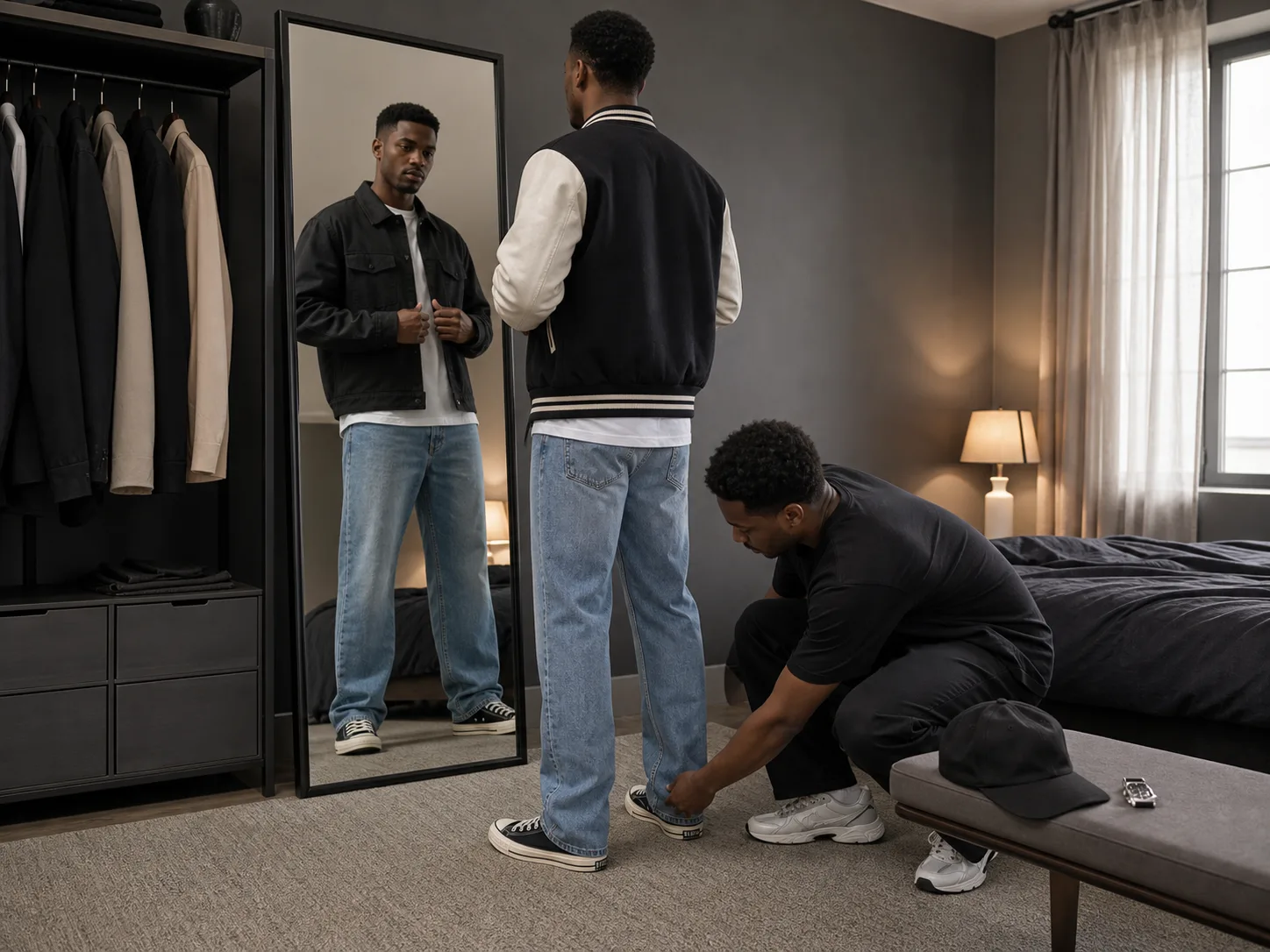 Two anonymous Black men checking the hem of relaxed jeans over sneakers while comparing a varsity jacket and work jacket before a party
