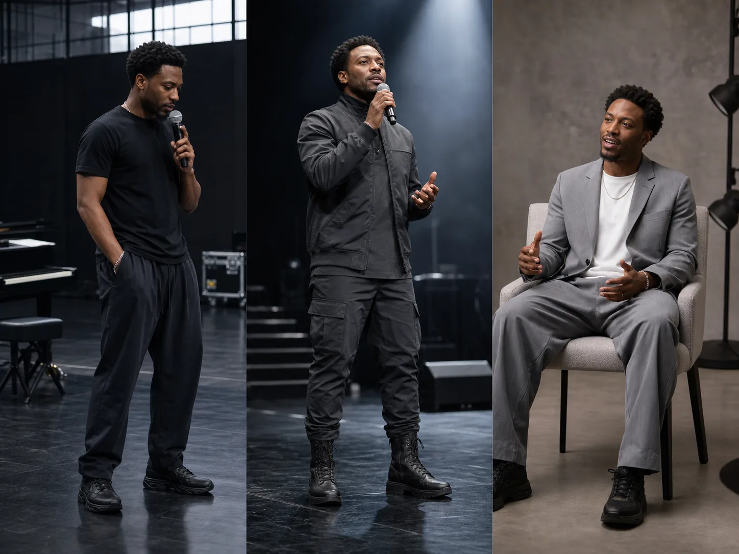 Rapper style continuity across rehearsal stage and interview Same fictional Black performer in black rehearsal clothes, charcoal technical stage outfit and soft gray interview tailoring
