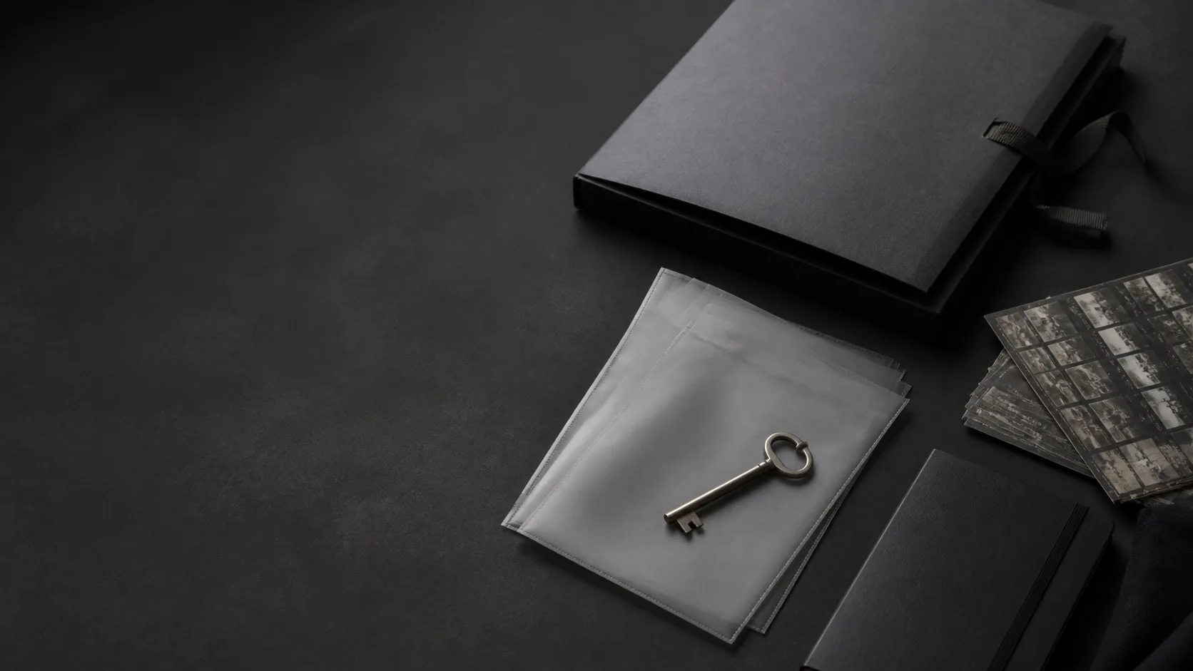 BAAM Boys privacy and records handling Illustrative charcoal records desk with closed archival folders, translucent document sleeves, a metal key and face-down contact sheets