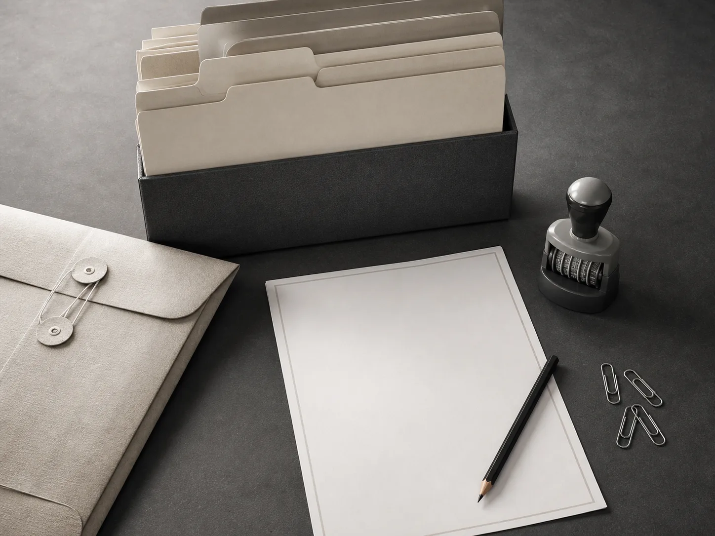Reviewing access, correction and deletion requests Illustrative records-review workspace with blank file dividers, empty request sheet, archival envelope, pencil, clips and date stamp