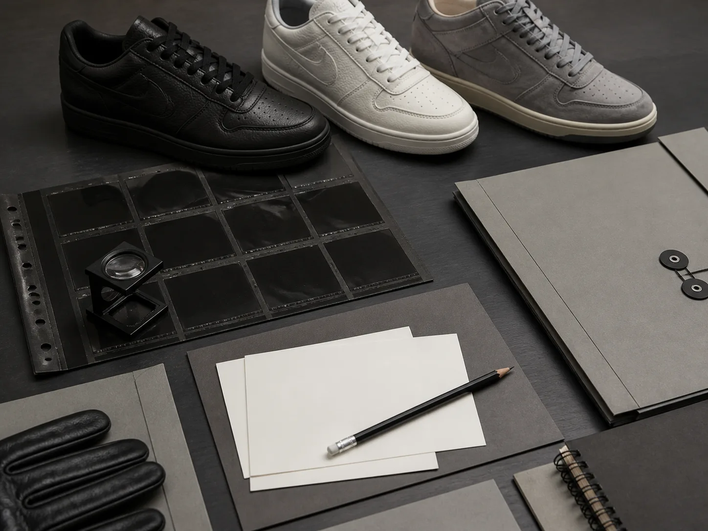 Overhead archive desk with three unbranded sneakers, blank contact sheet, gray folders, blank cards, pencil and magnifying loupe