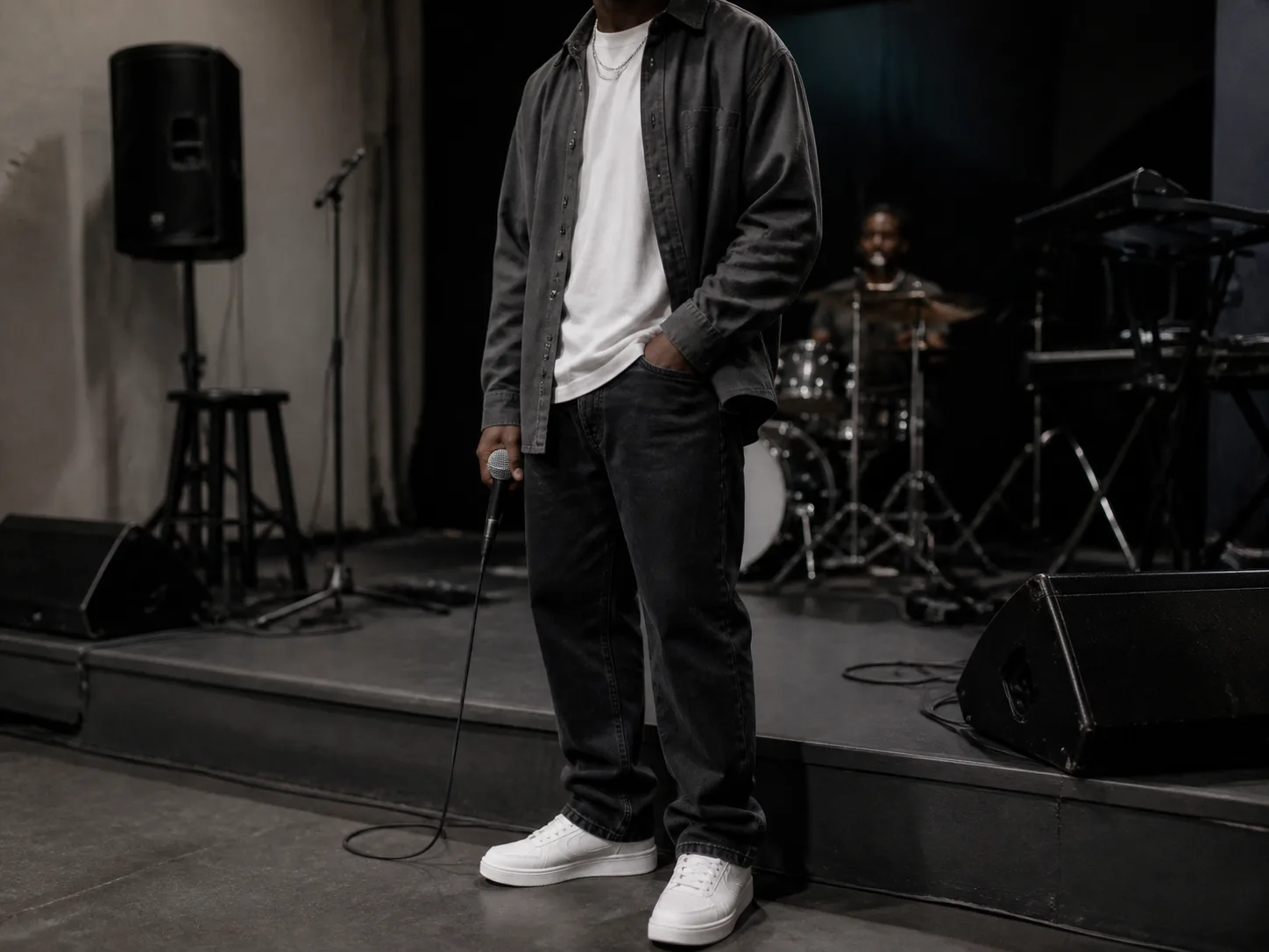 Fictional Black performer wearing logo-free white low-top sneakers, relaxed black jeans, white tee and charcoal overshirt beside a rehearsal stage