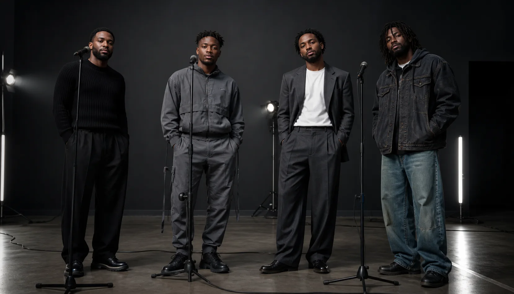 Four original rapper style persona directions Four fictional Black male performers in black knit, gray technical set, charcoal tailoring and washed denim with dark work jacket in rehearsal studio