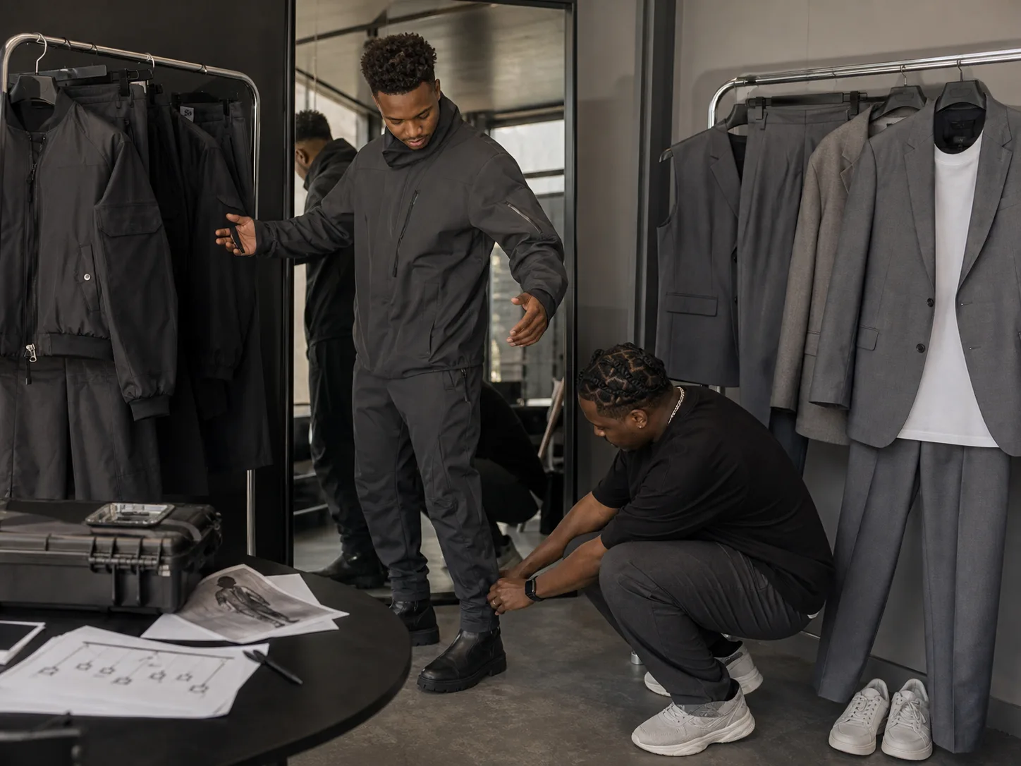 Rapper stage wardrobe fitting and movement test Fictional Black performer in charcoal technical outfit rehearsing movement while Black male stylist checks trouser hem beside soft gray suit and shoes