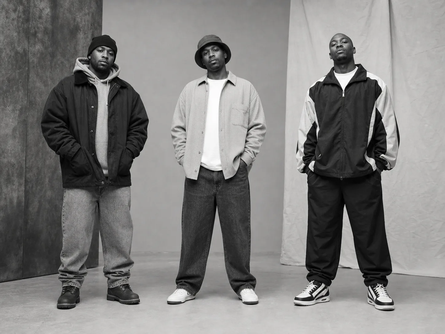 Regional differences in 1990s hip-hop menswear Three anonymous Black men in a studio wearing cold-weather workwear, a relaxed overshirt with denim and polished 1990s sportswear