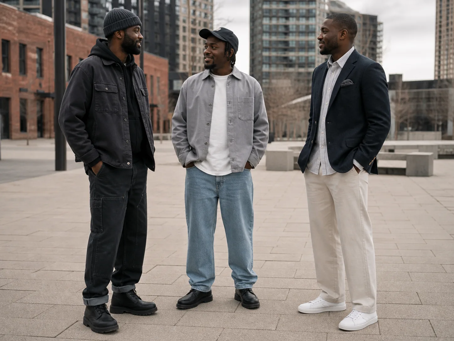 Three Black men in dark workwear and boots, a relaxed overshirt with denim, and polished sports tailoring with clean sneakers