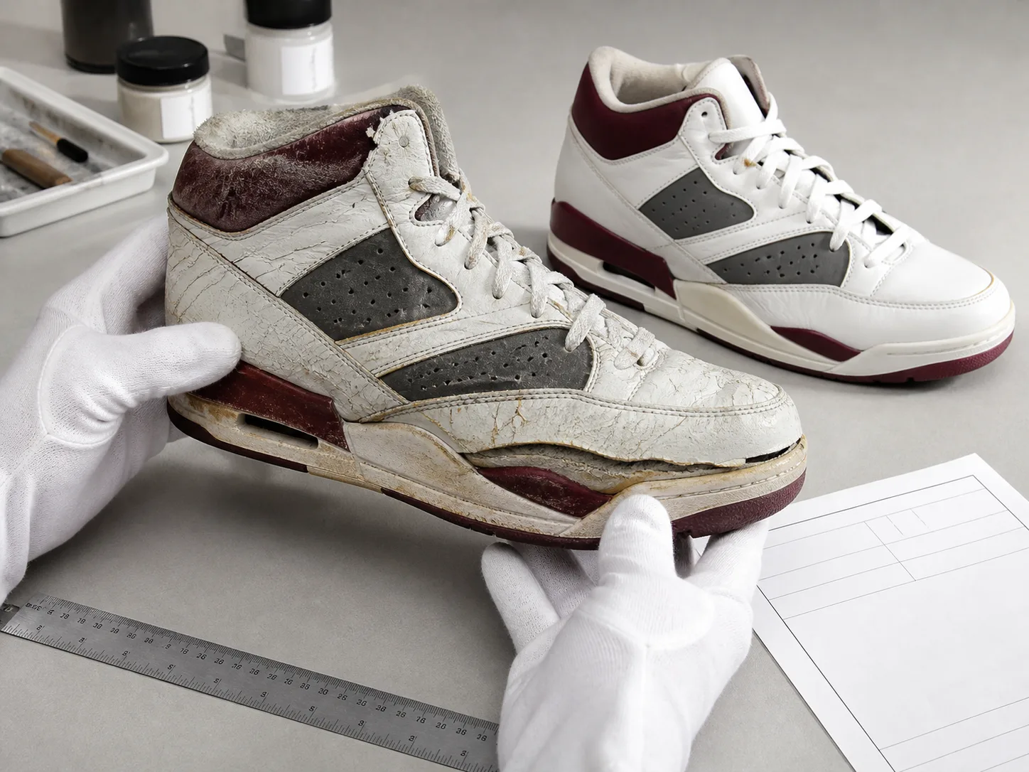 Gloved hands inspecting an unbranded aged basketball sneaker with cracked coating and sole separation beside an intact modern reissue